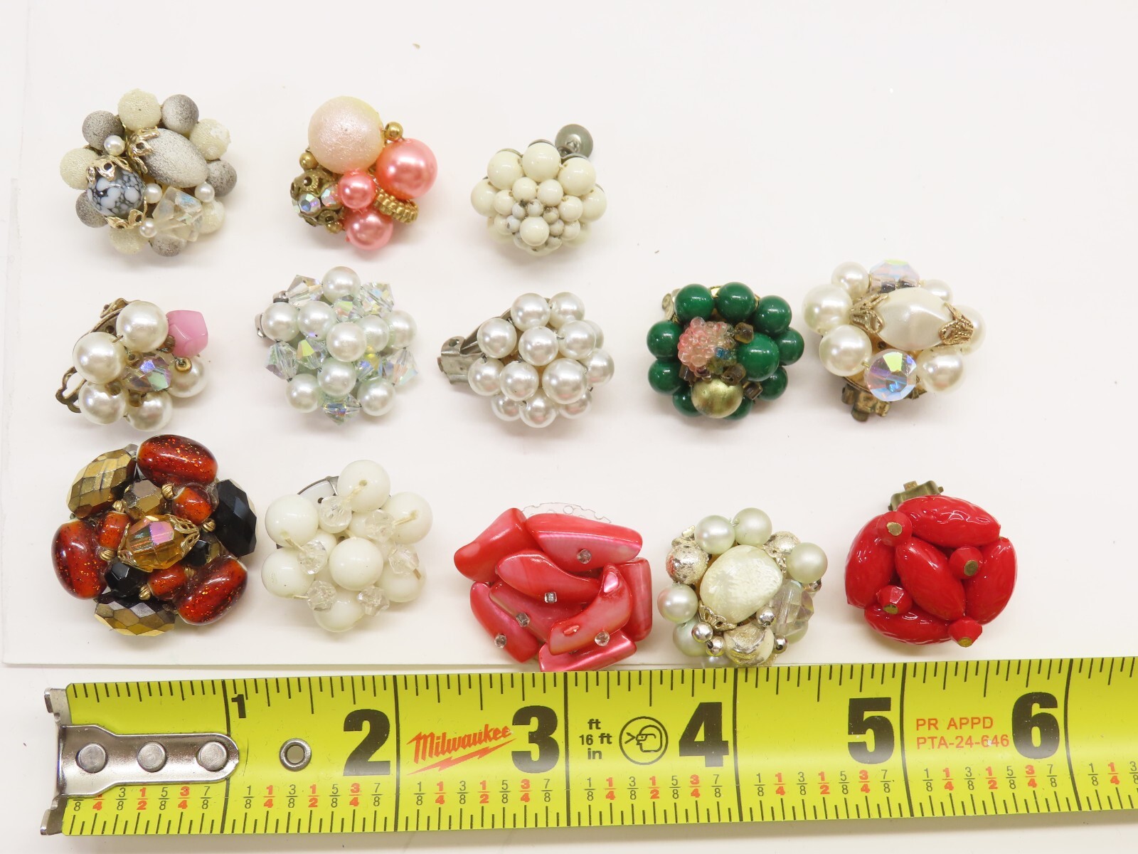 VTG Earrings Cluster Bead Clip On Some Japan Faux Pearl Lucite Plastic + D2542