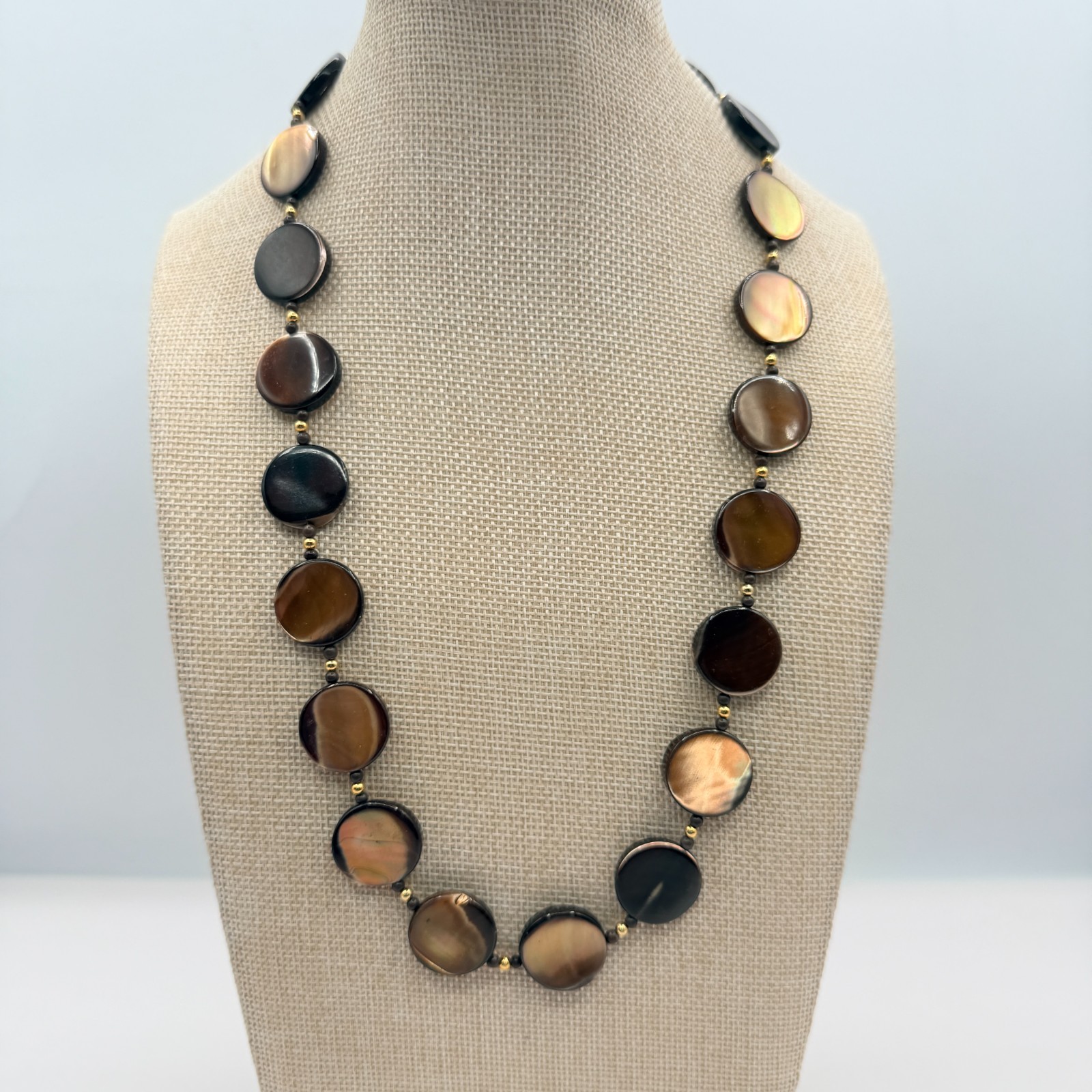 Vintage Golden Brown Shell Disc Necklace MOP Retro Boho 90s Chunky Statement