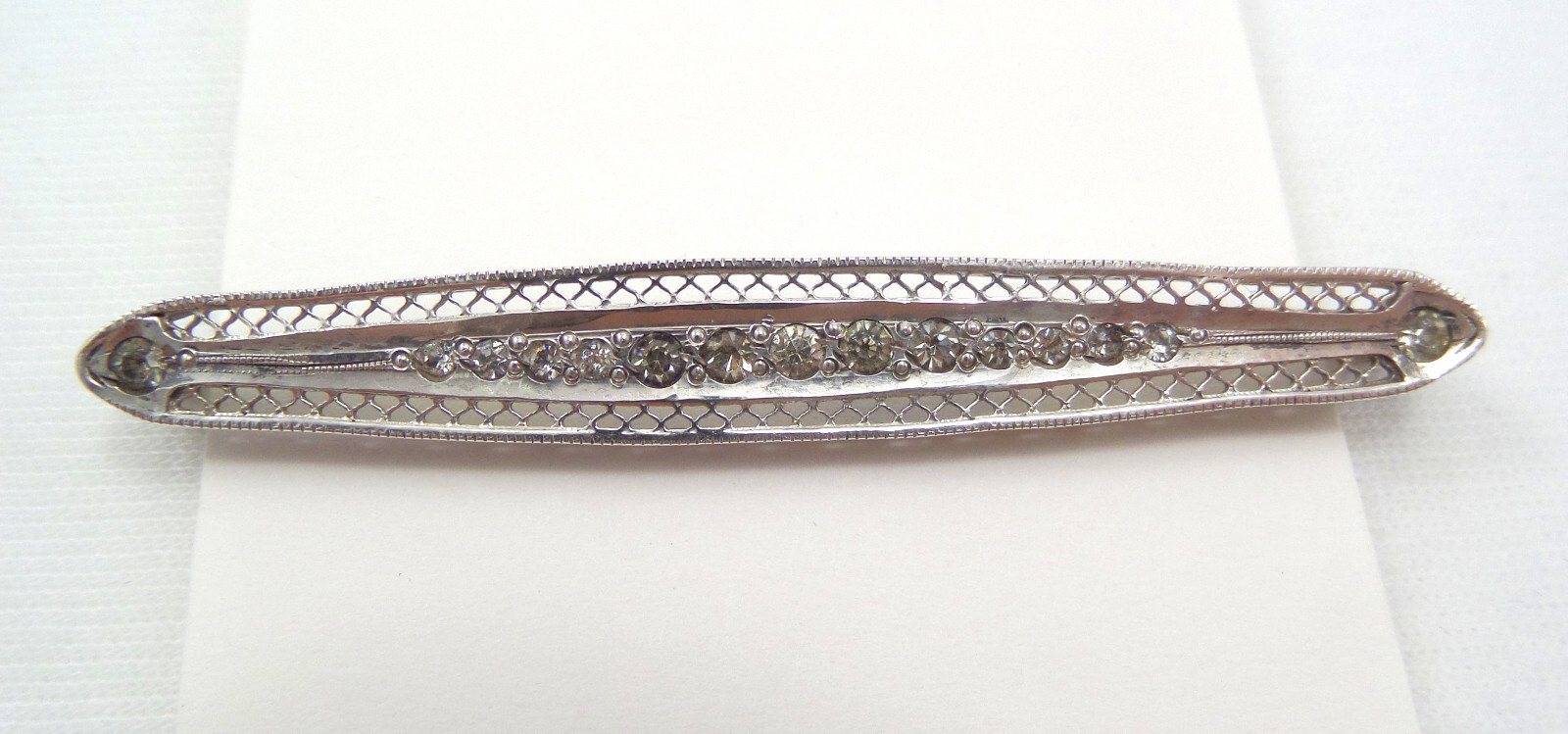 VTG Sterling Silver Art Deco Bar Pin with Cubic Zircons 6.1 Grams 2.5” Long