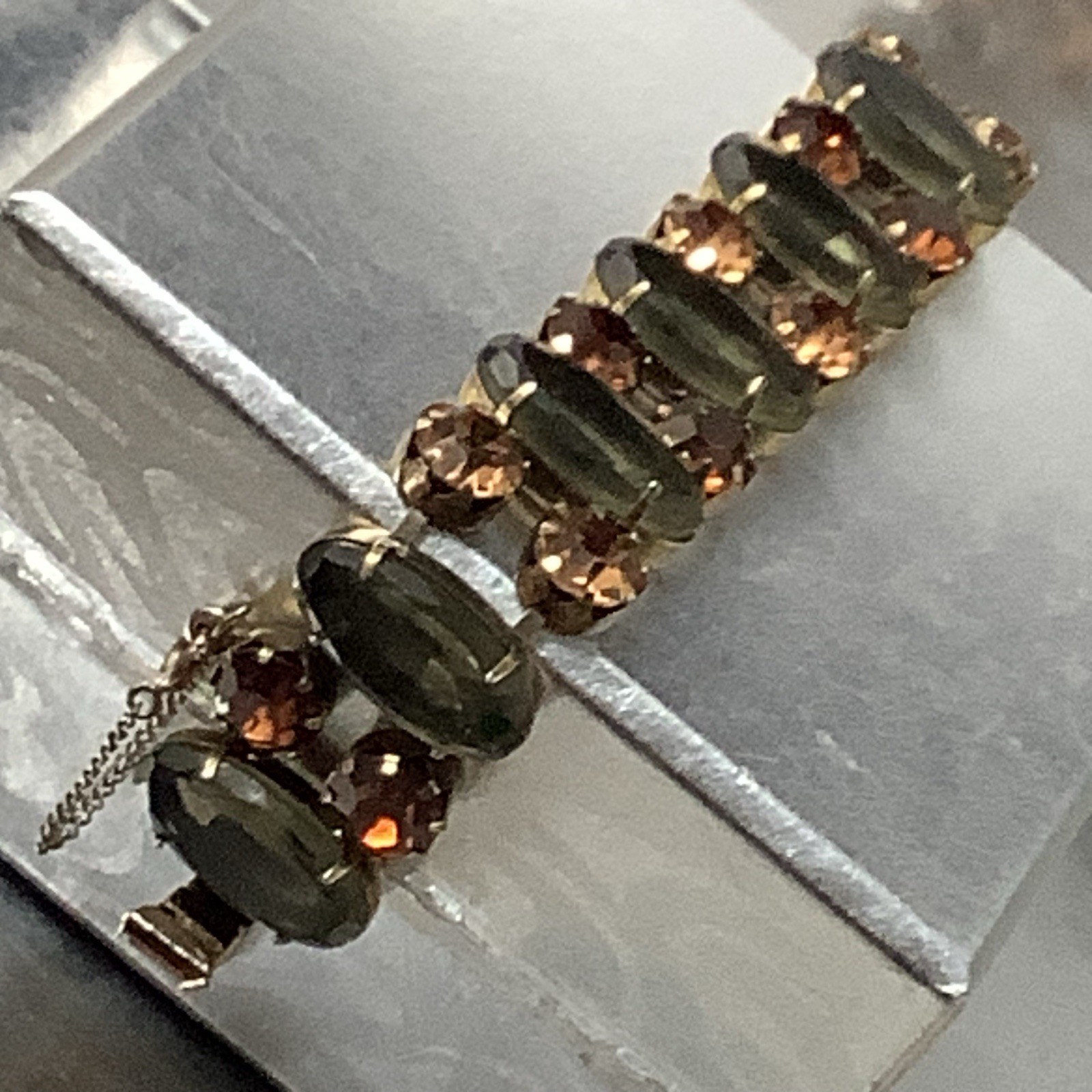 Vintage Signed Regency Golden Brown and Sage Green Crystal Bracelet 7″