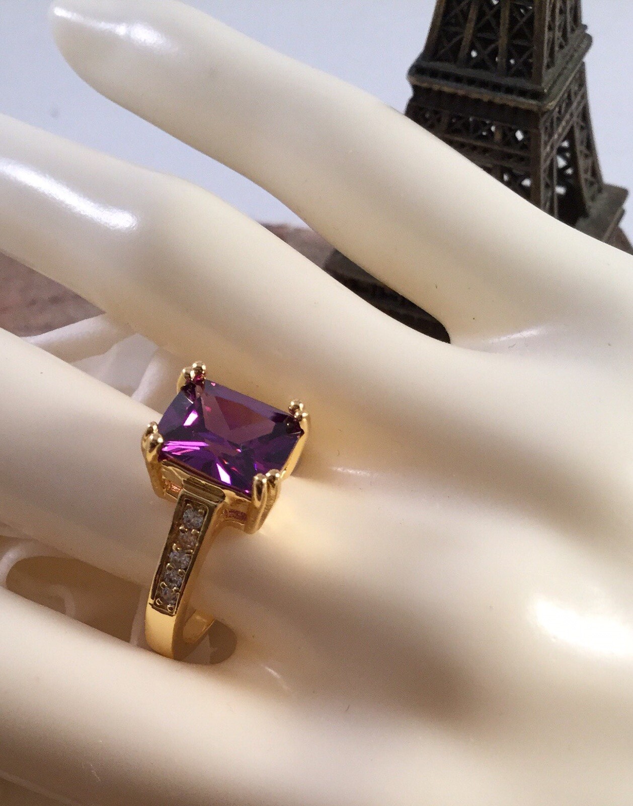 Vintage Jewellery Gold Ring Amethyst White Sapphires Antique Deco Jewelry size 8