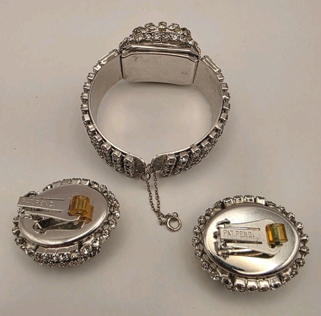 Vintage Unsigned Hobe Yellow/Grey/Clear Crystal Layered Cuff Bracelet/Earrings
