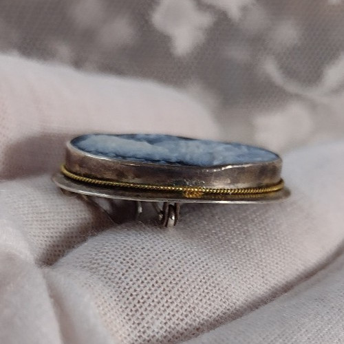 Cameo Sterling Silver 925 Italy Azure Agate Pendant Brooch 1121 NA Rare Hair