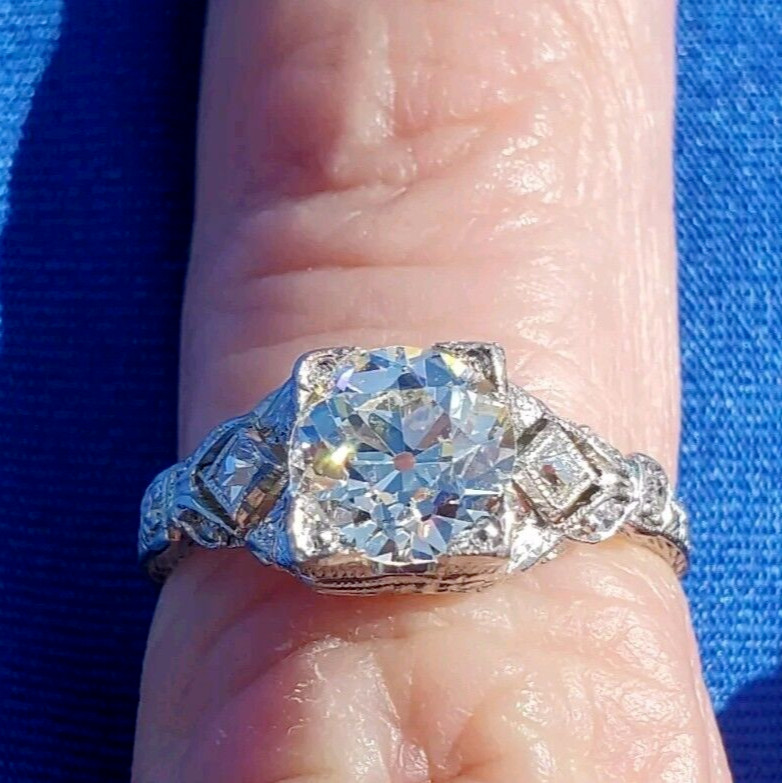 Original EARTH MINED DIAMOND Deco Engagement Ring 1.5 Antique Platinum Solitaire