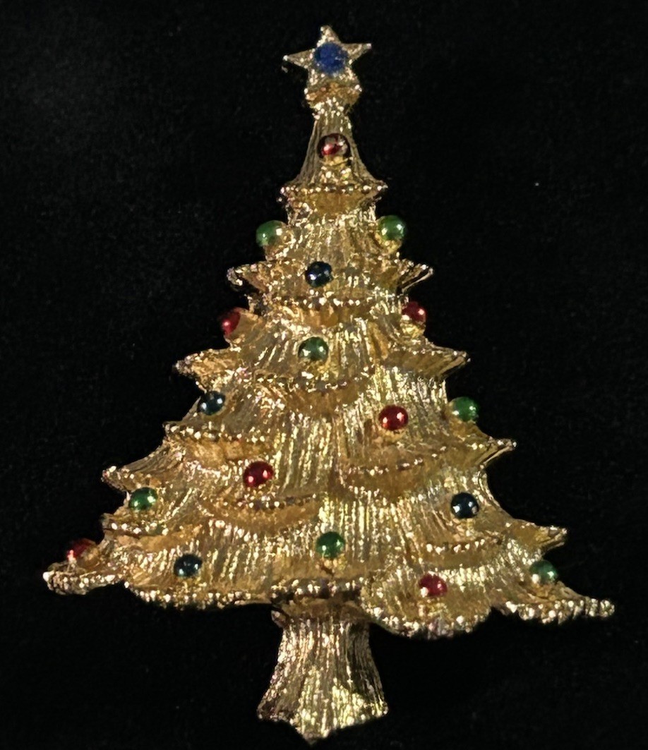 Vintage GERRY’S Gold Tone Christmas Tree Red Green Ornaments Brooch Pin