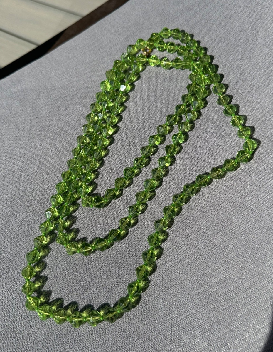 Vintage Long Peridot‑Tone Faceted Glass Bead Necklace • Mid‑Century Green