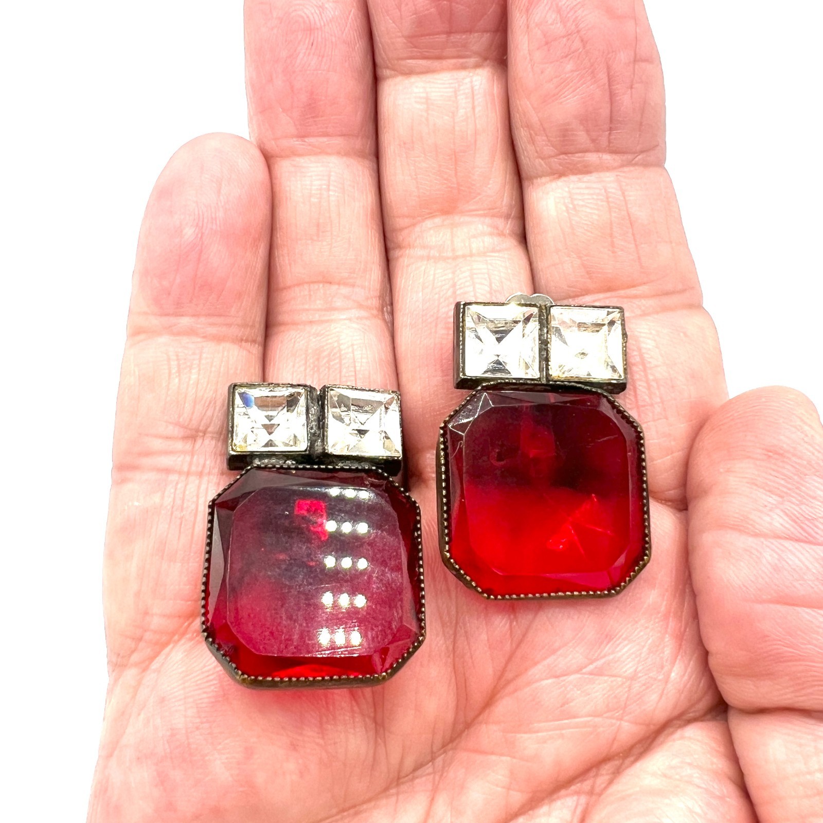 Vtg Art Deco Style Red Glass & Clear Crystal Clip-On Earrings Dramatic Geometric