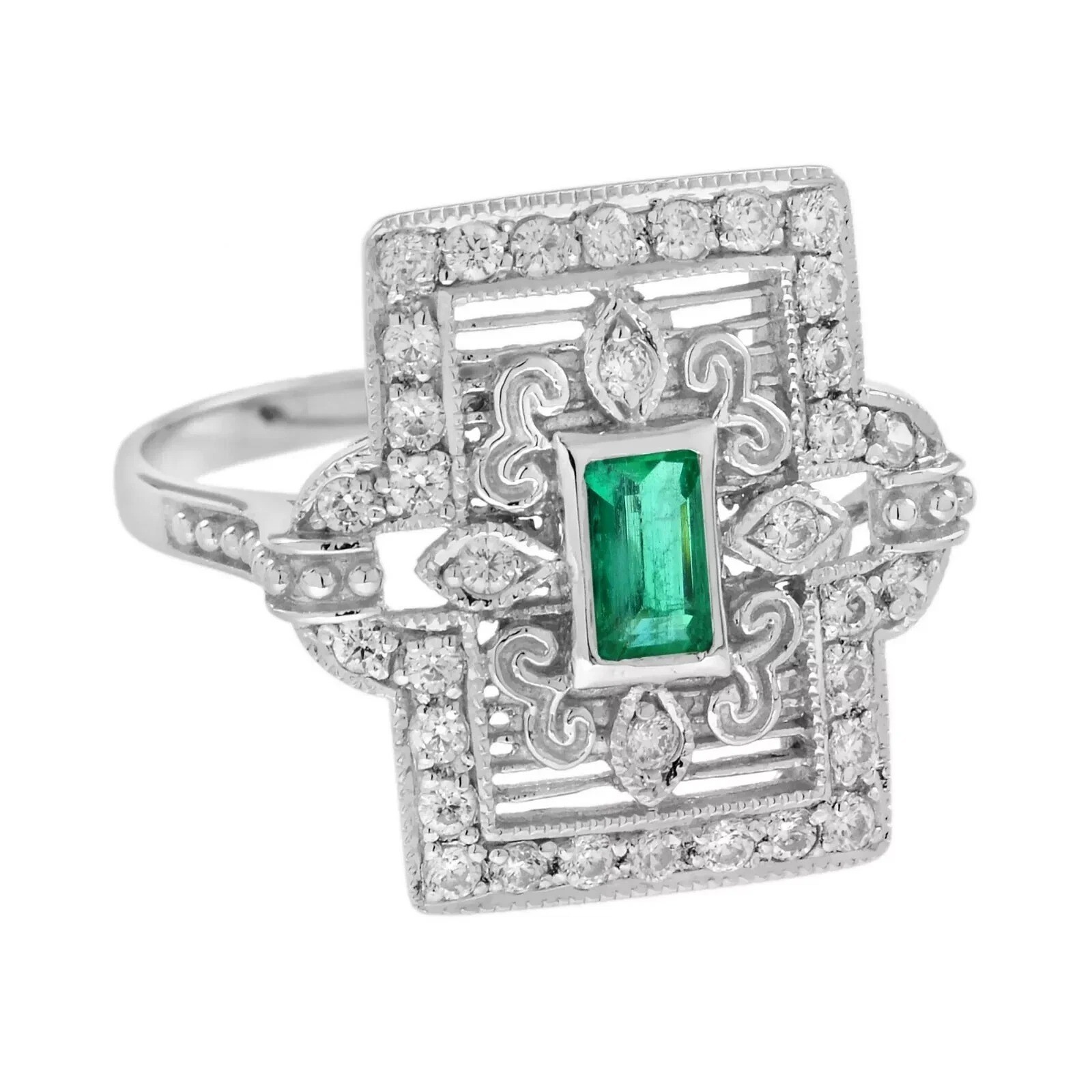 2.84Ct Art Deco Style Green Lab Created Emerald & Diamond 14K White Gold FN Ring