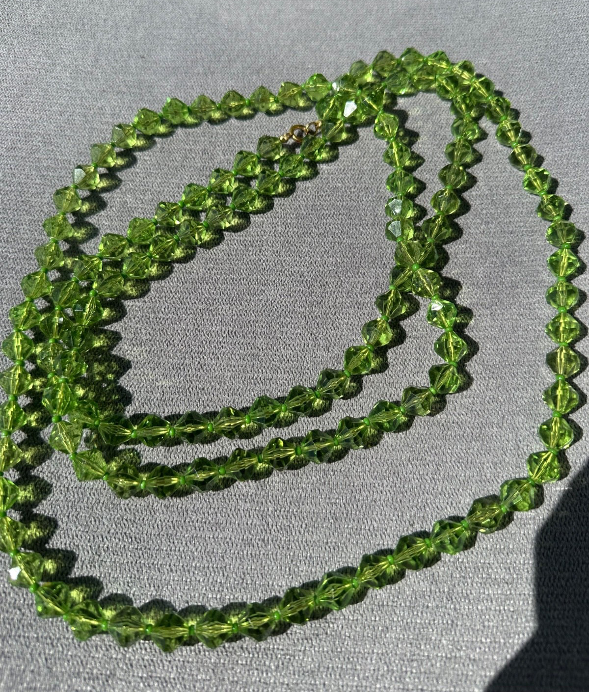Vintage Long Peridot‑Tone Faceted Glass Bead Necklace • Mid‑Century Green
