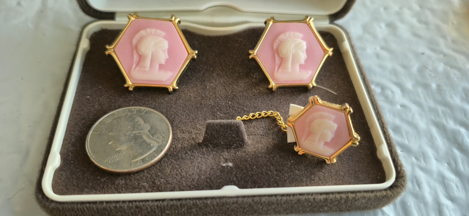 VINTAGE Carson Pirie Scott Co. Cufflinks & Tie Tack Cameo Set. LOOK UNUSED! PINK