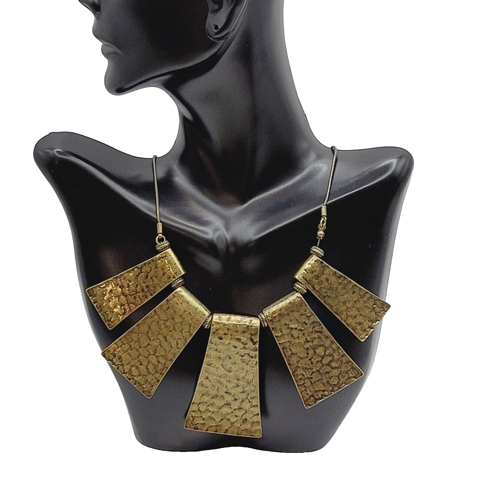 Exotic Hammered Style 5 Metal Plate Bib Necklace Brutalist Cleopatra Look 21 In