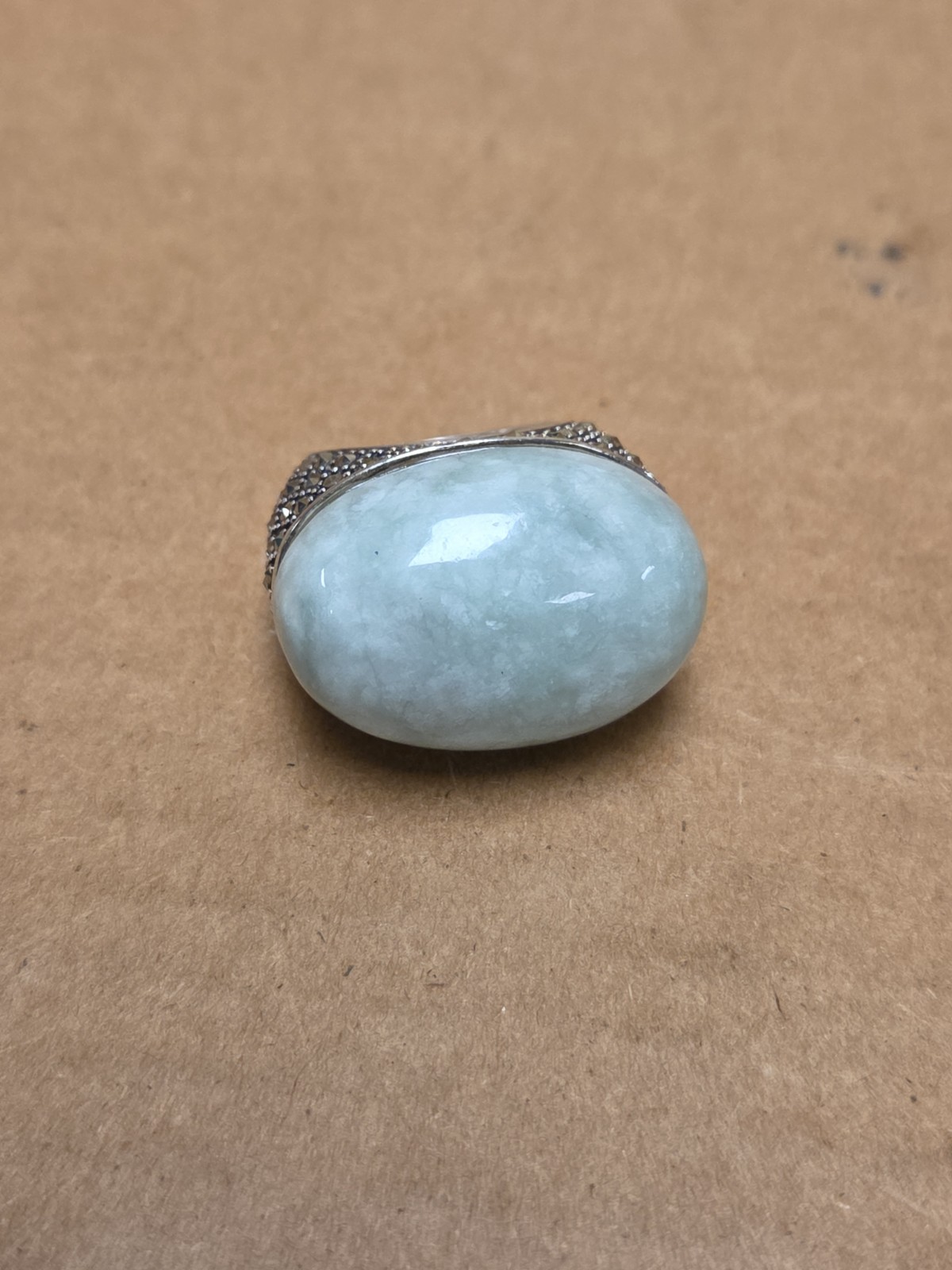 Vintage Green Large Oval Stone Marked Sterling Silver Ring Size 5.75 *SEE PICS