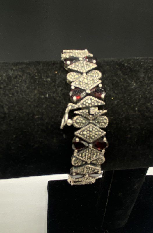925 Sterling Silver Garnet Marcasite Bracelet Art Deco Style Vintage 7.25″ 32g