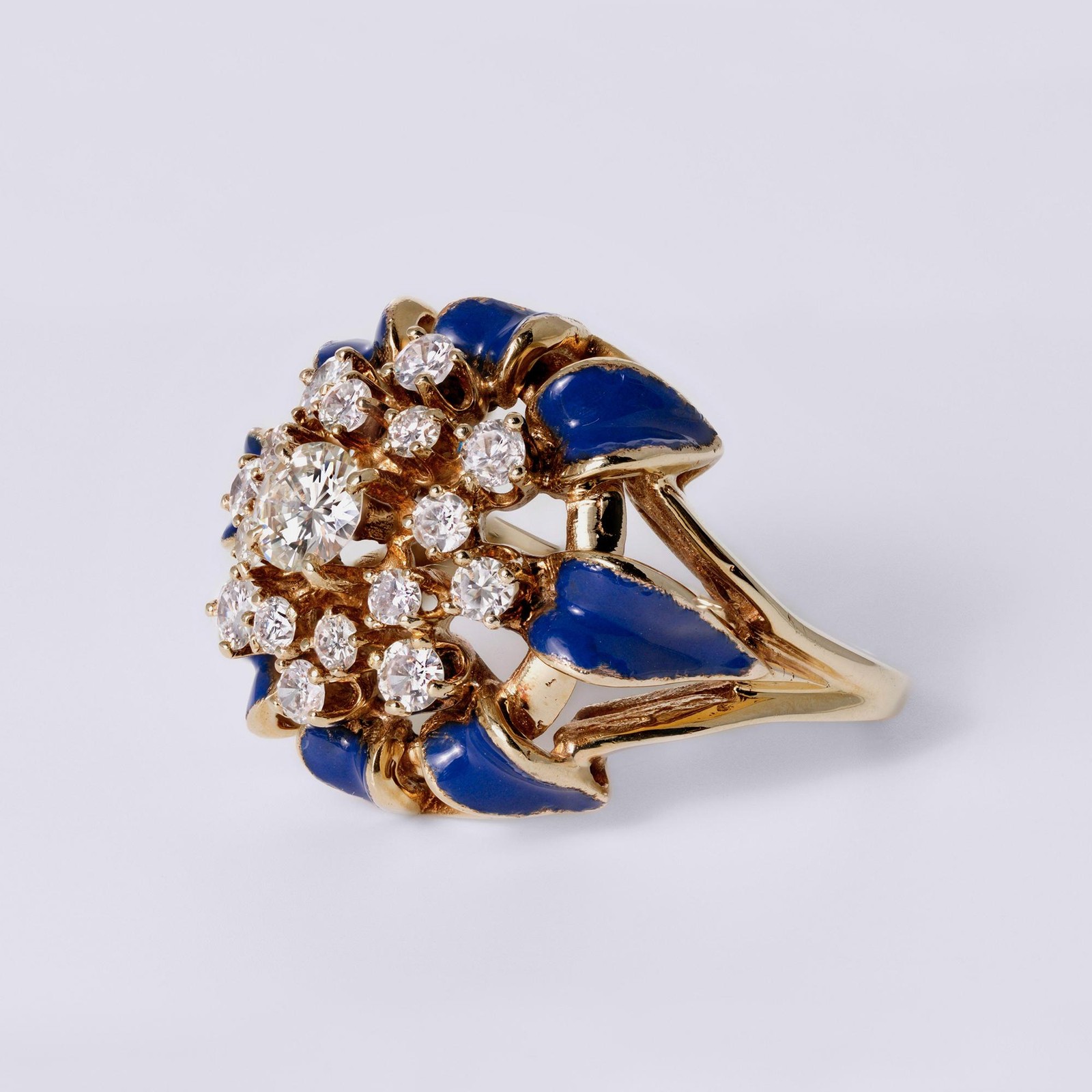 Vintage Mid-Century Royal Blue Enamel & Diamond Bombè Cocktail Ring
