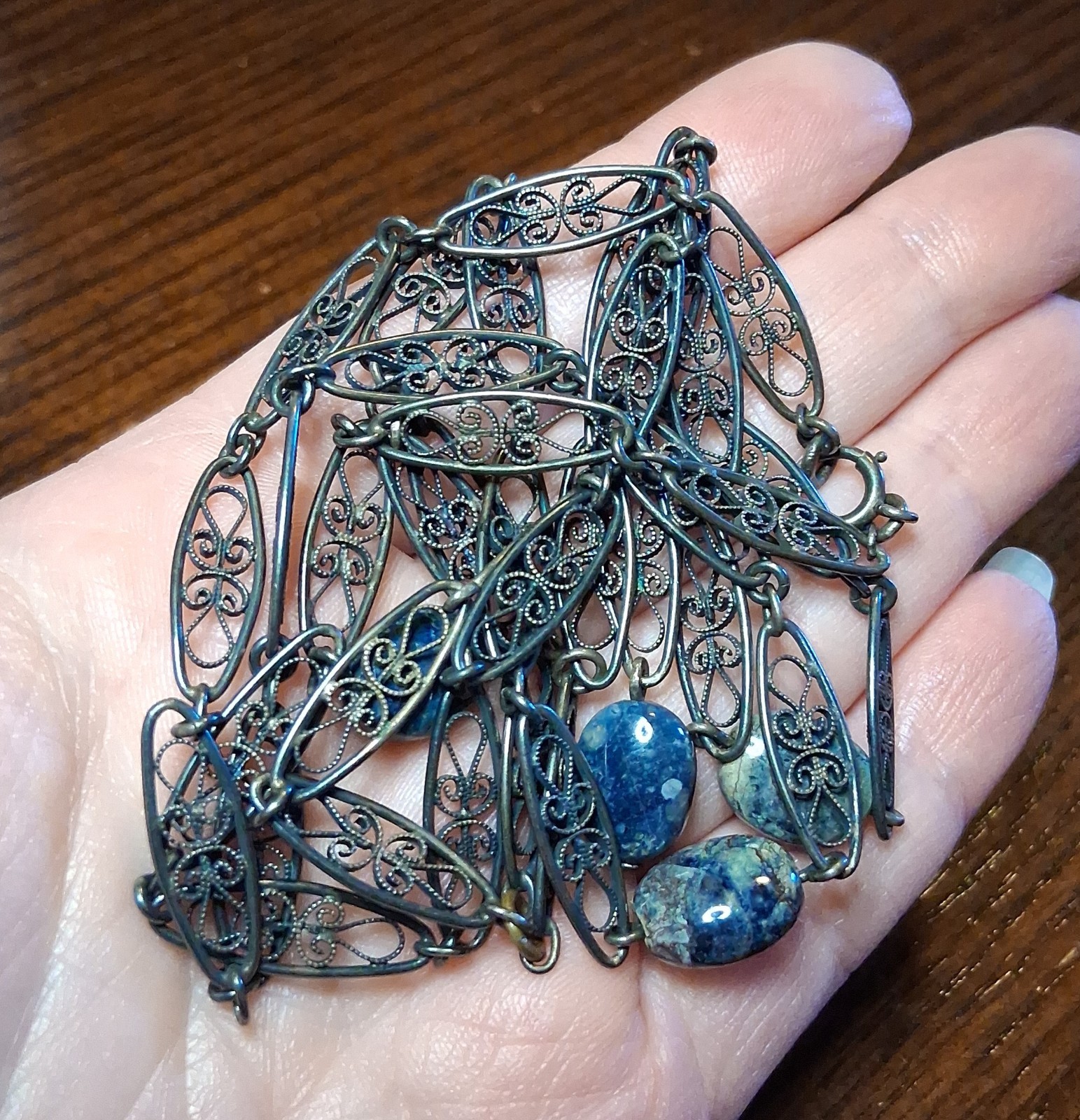 Antique Victorian 800 Silver Filigree Chain 31-32″ Missing Bead See Pics/Descrip