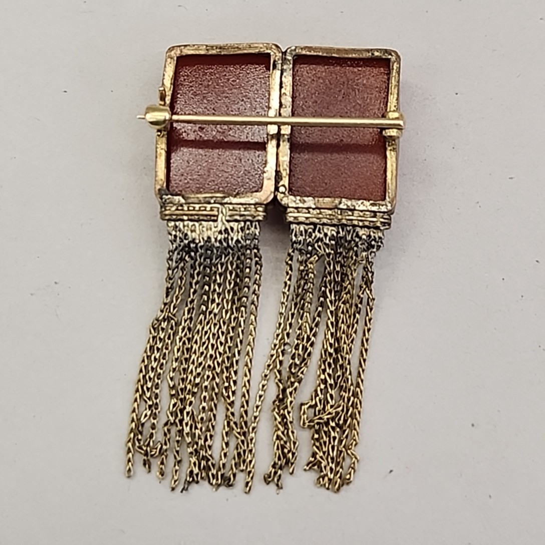 Antique Double Cameo Glass Brooch Red White Face Tassels Gold Filled Unique 2″