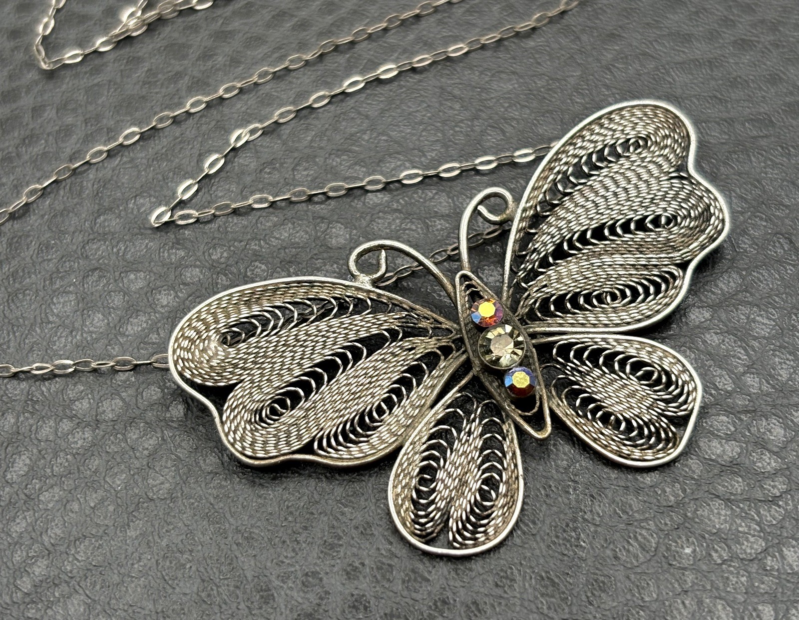 Sterling Silver Filigree Butterfly Pendant Necklace w/ Aurora Borealis