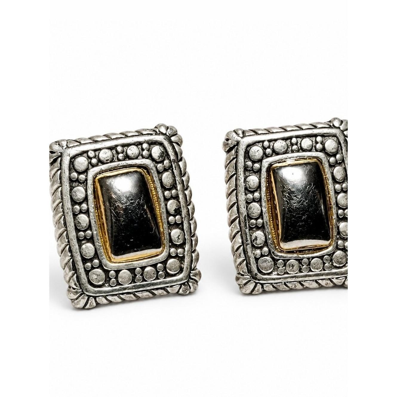 Vintage Silver Tone & Gold Tone Rectangle Stud Earrings Southwestern Designer