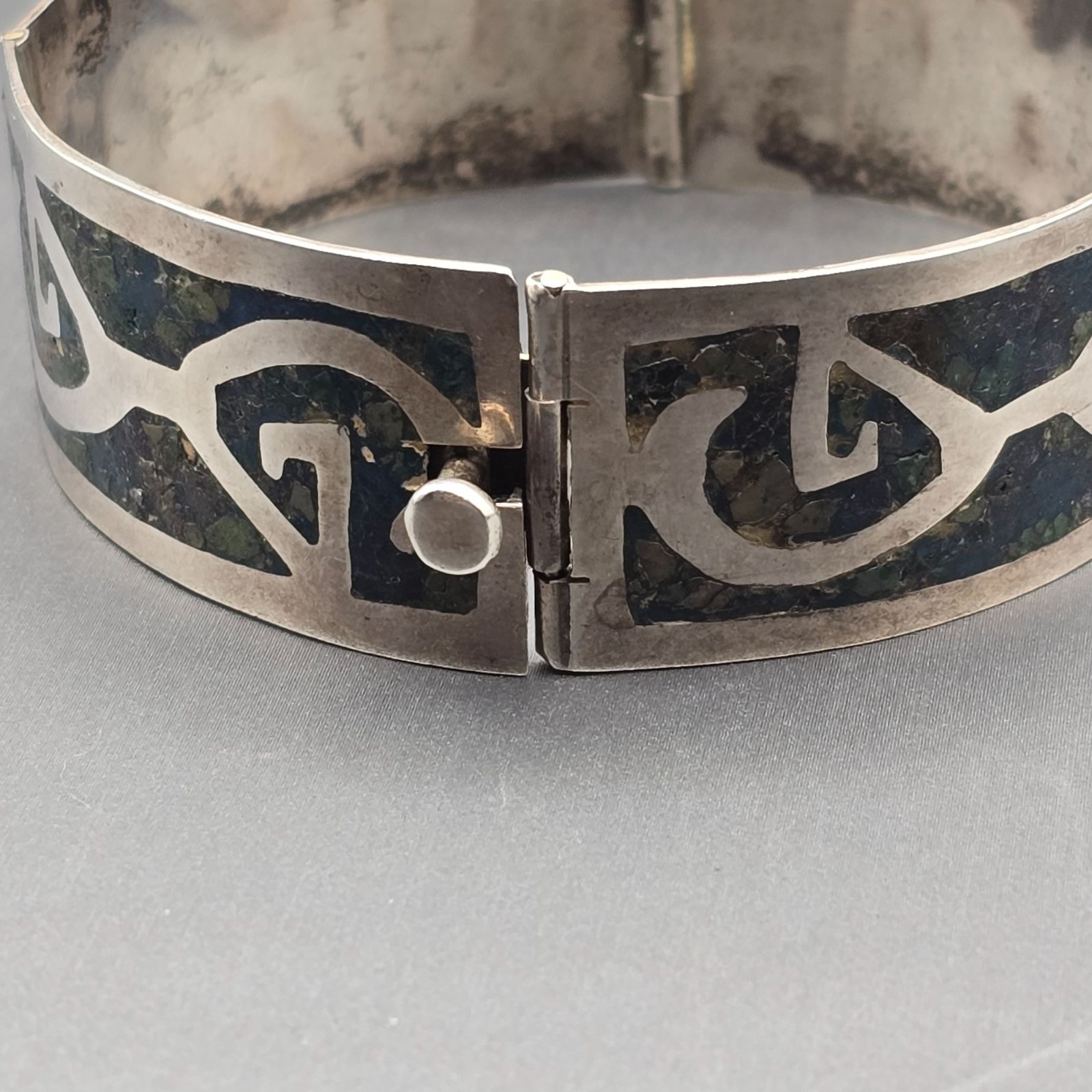 Vintage Taxco Sterling Silver Turquoise Inlay Bracelet 7″ Eagle 3 Signed AMD 30g