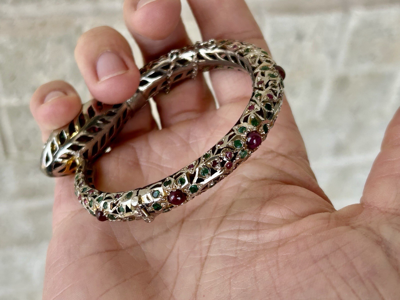 Antique Mughal Ruby Emerald Sterling Snake Bracelet Jewels Of India