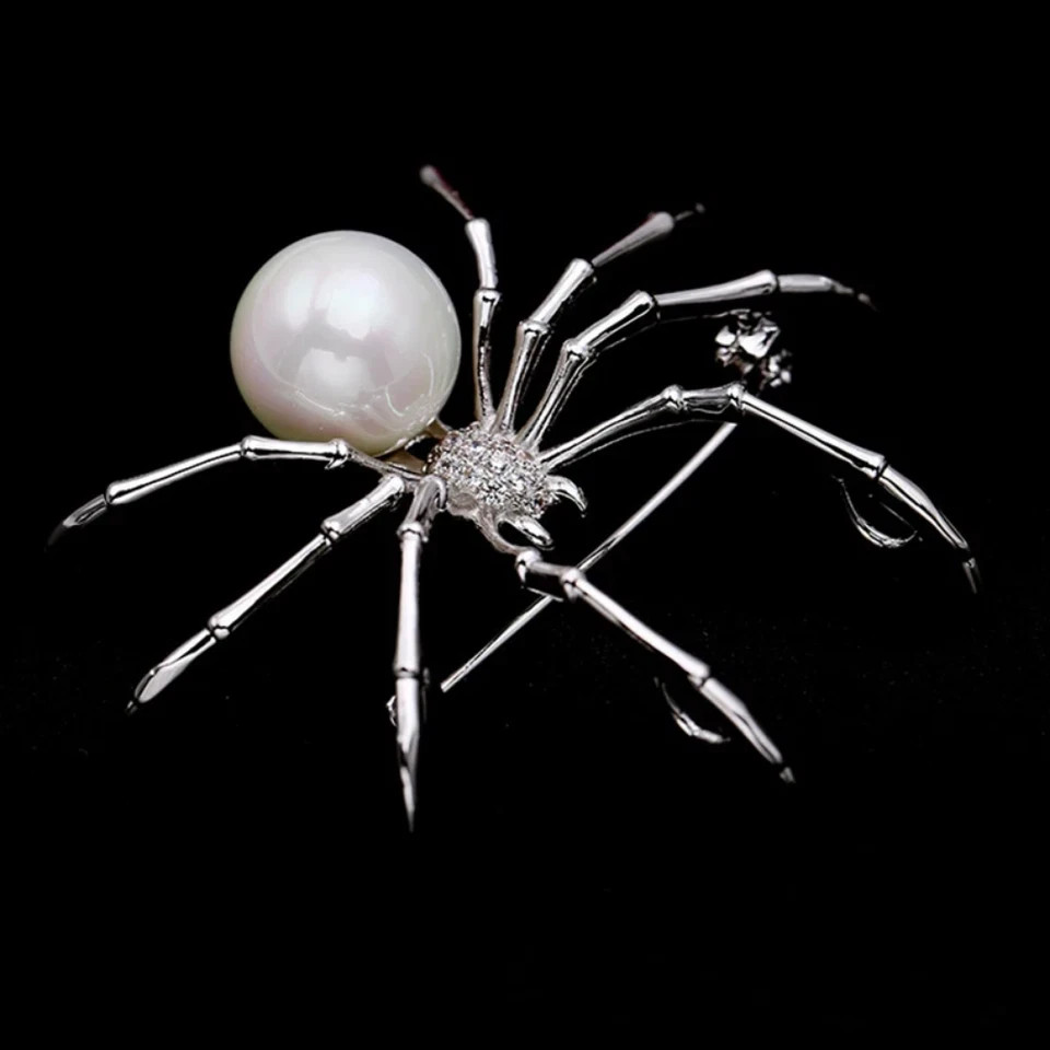 Vintage Rhinestone Spider Brooch Silver Pearl Pin Insect Bug Jewelry Summer Gift