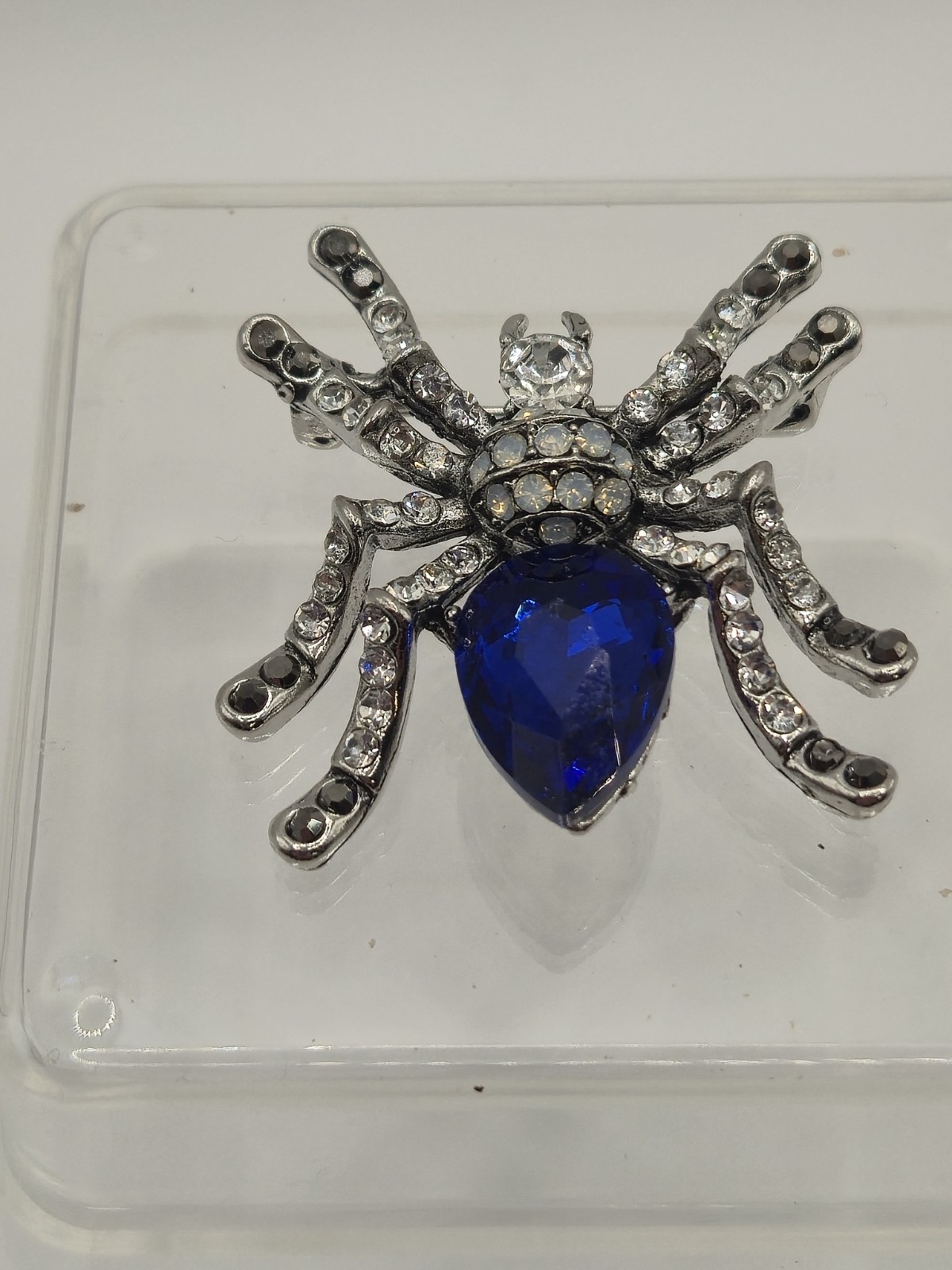 Clear And Blue Rhinestone And Glass Spider Brooch Unbranded
