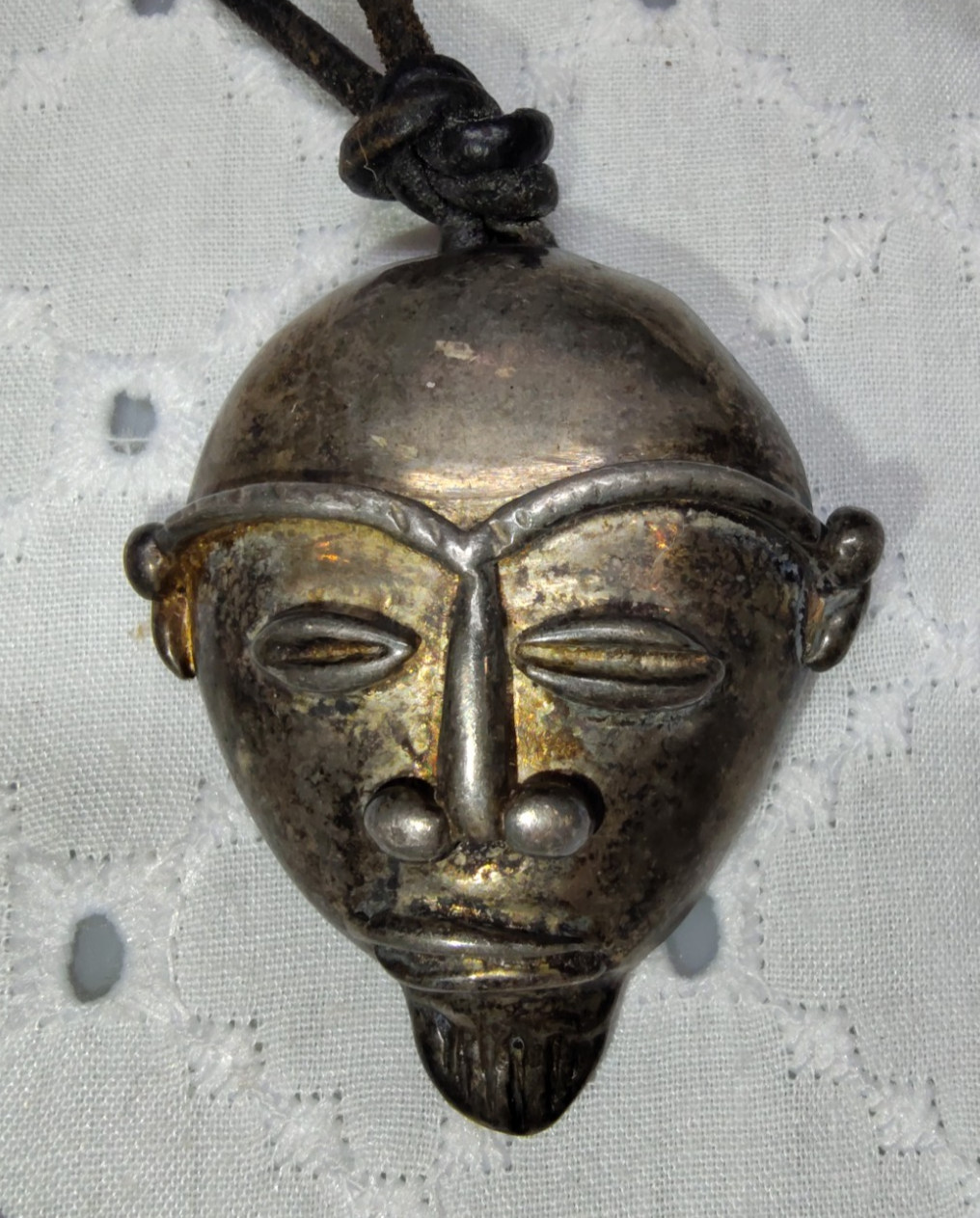 Sterling Silver African Mask Tribal Head Pendant On Leather Cord 19.96 gram TR