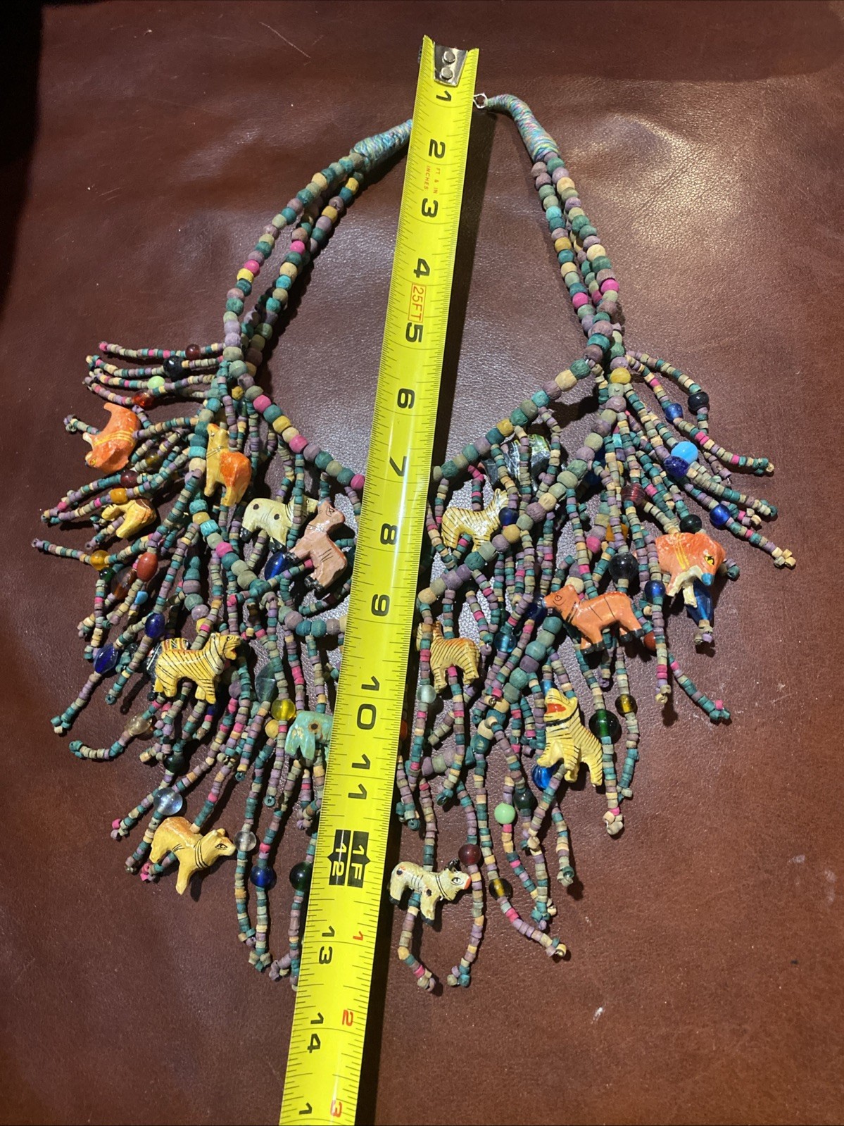 BOHO African Multi Strand Statement Necklace Wooden Carved Animals Fringe Beads