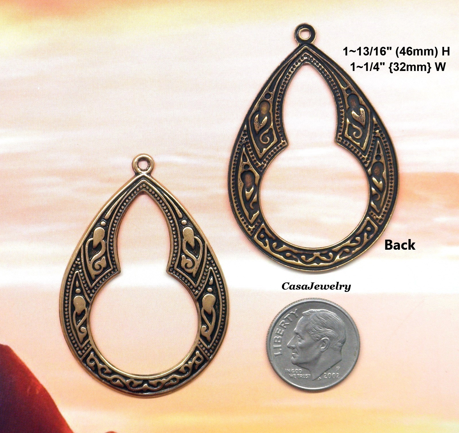 #0034 ANTIQUED GOLD OPEN TEARDROP W/TOP HANG RING – 2 Pc Lot
