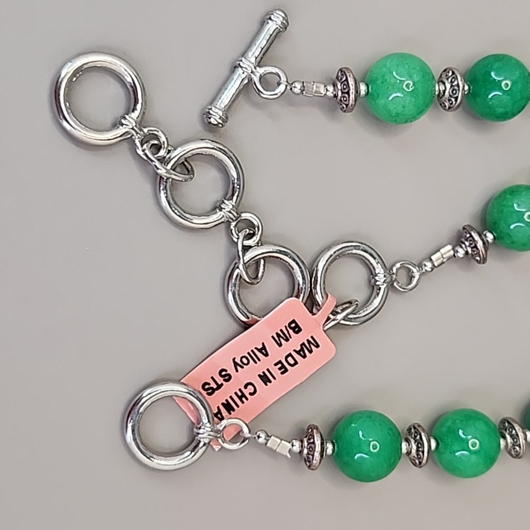 Jade Beaded Necklace Bracelet Set Green Stone Stainless Steel JTV 20″