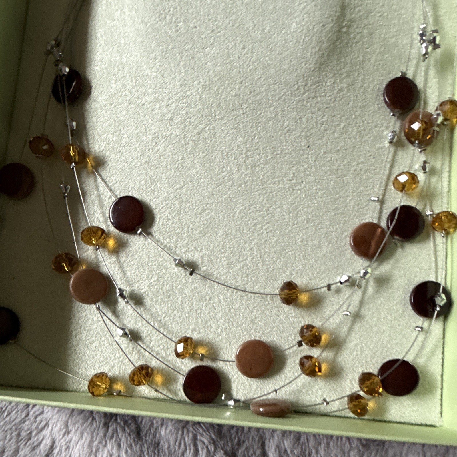 Vintage Layered Multi Strand Browns, Ambers, gold and clear beaded 9″ Necklace