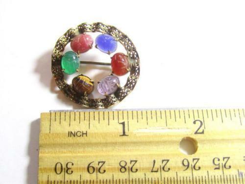 Egyptian Revival Gemstone Scarab Beetle Signed WRE 1/20 12K Gold Filled Pin