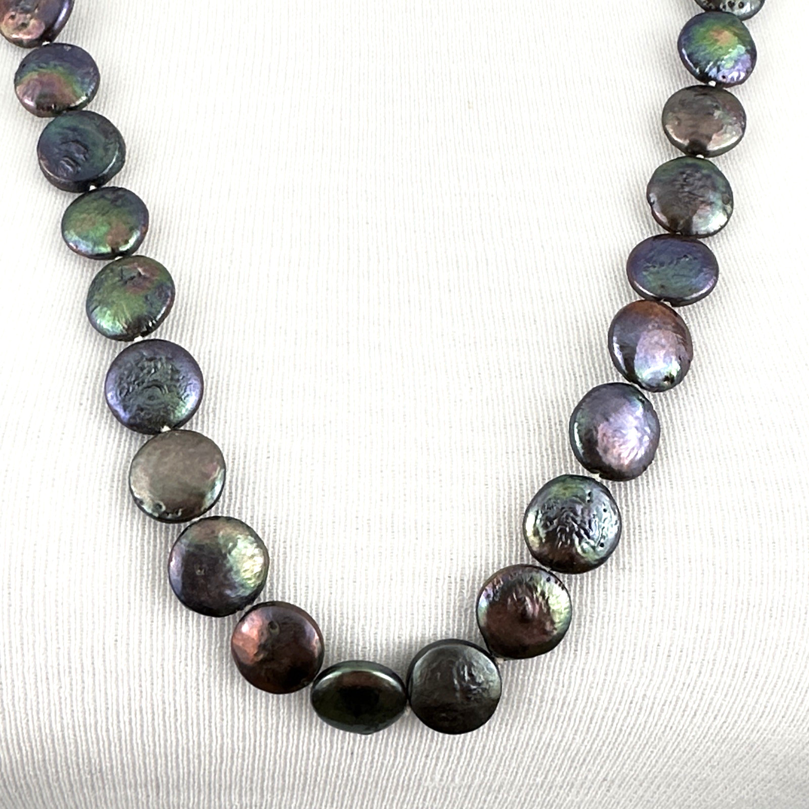 PEACOCK pearl necklace – 12mm flat round coin oil slick 30″ iridescent baroque