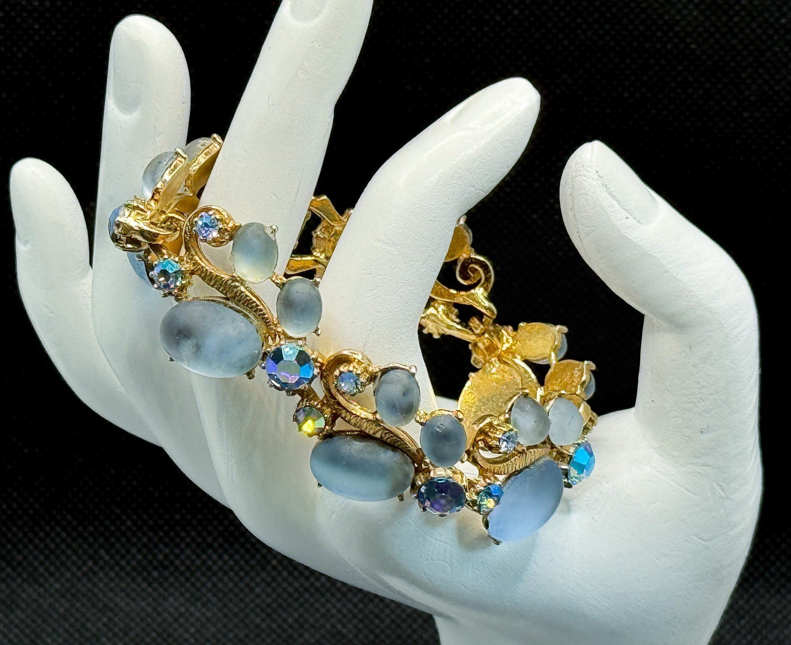 Vintage Blue Moonstone Cabochon Bracelet AB Rhinestones Gold Tone Mid Century