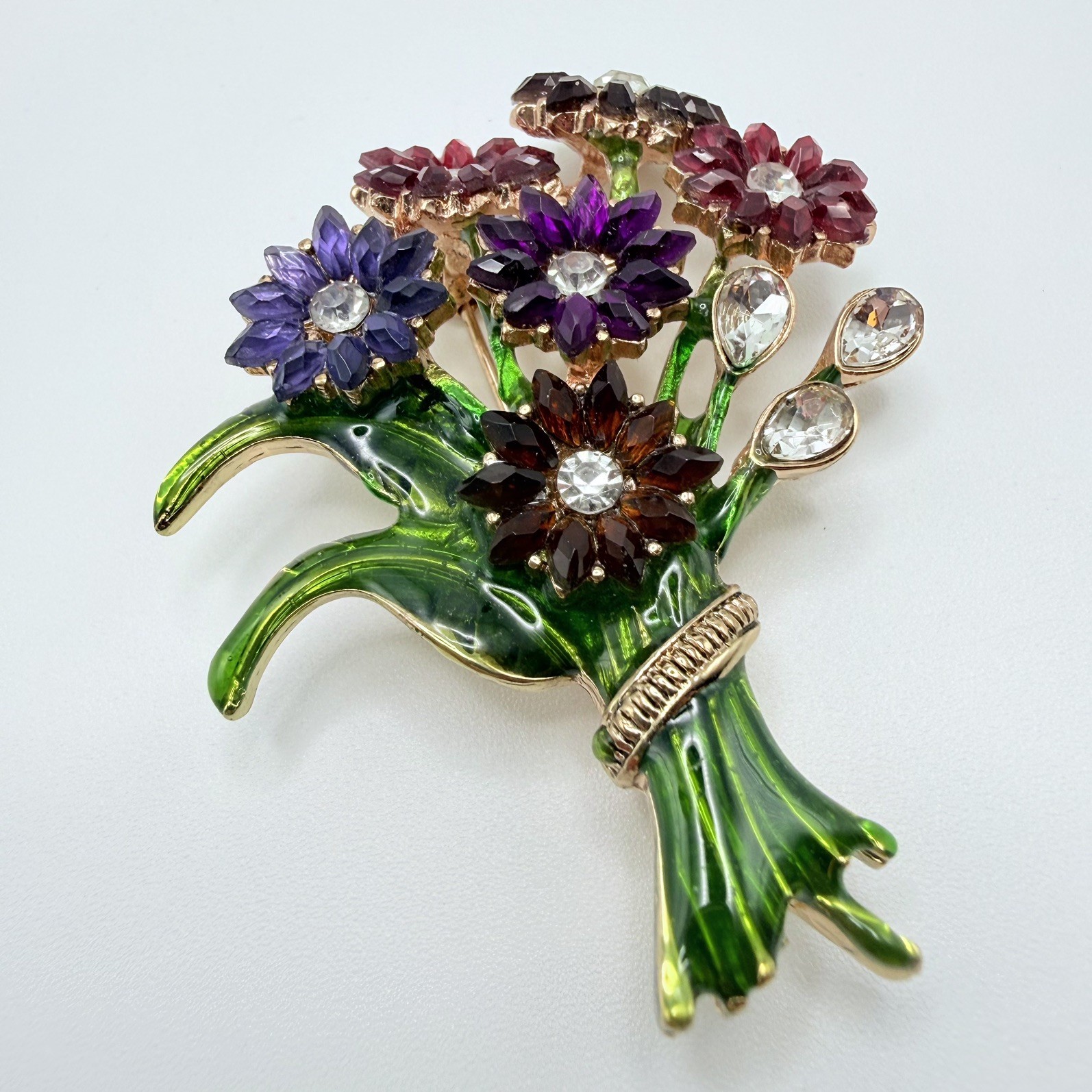 Napier Gold-Tone Enameled Colorful Bouqet Flowers Rhinestone Brooch Pin