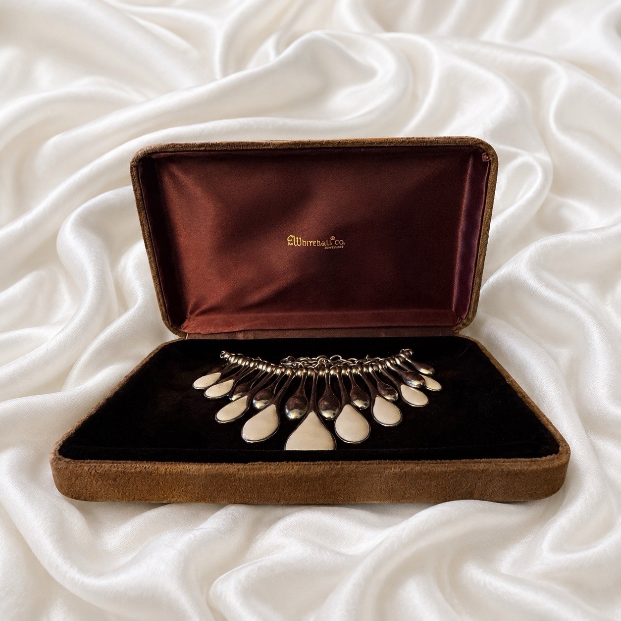 18” Silver Tone & White Teardrop Dangle Bib Necklace, Whitehall Box