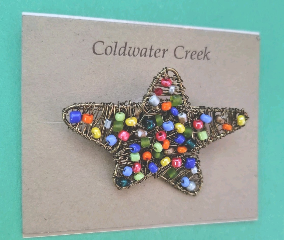 Vintage COLDWATER CREEK Wrapped Star Seed Beaded Brooch In Bronze Tone
