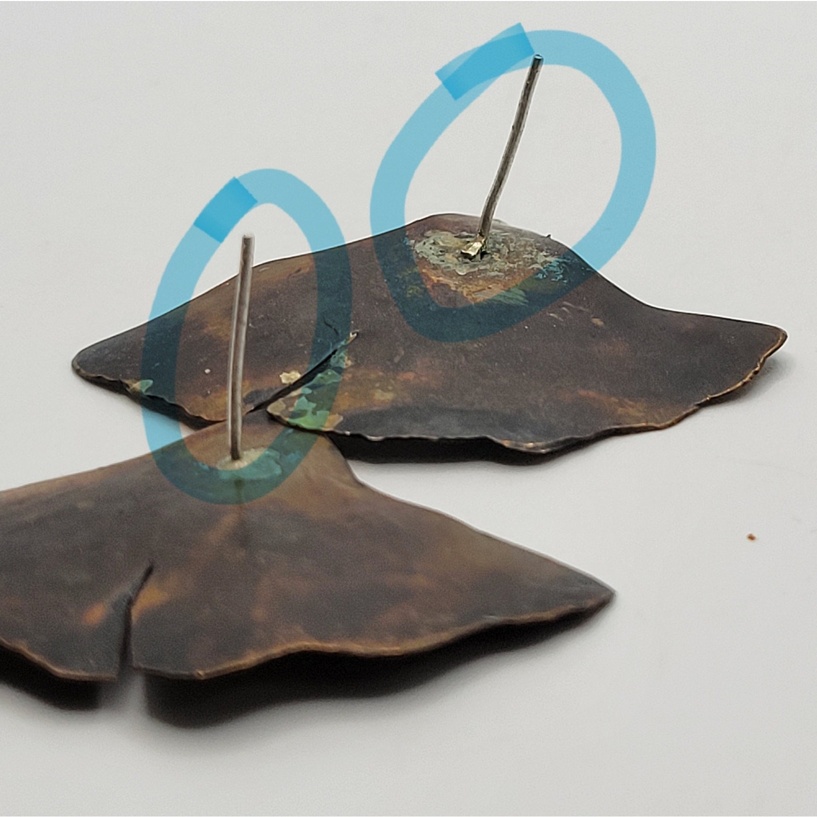 Brutalist Ginkgo Leaf Brooch Earrings Set Artisan Handmade Patina Huge Leaves