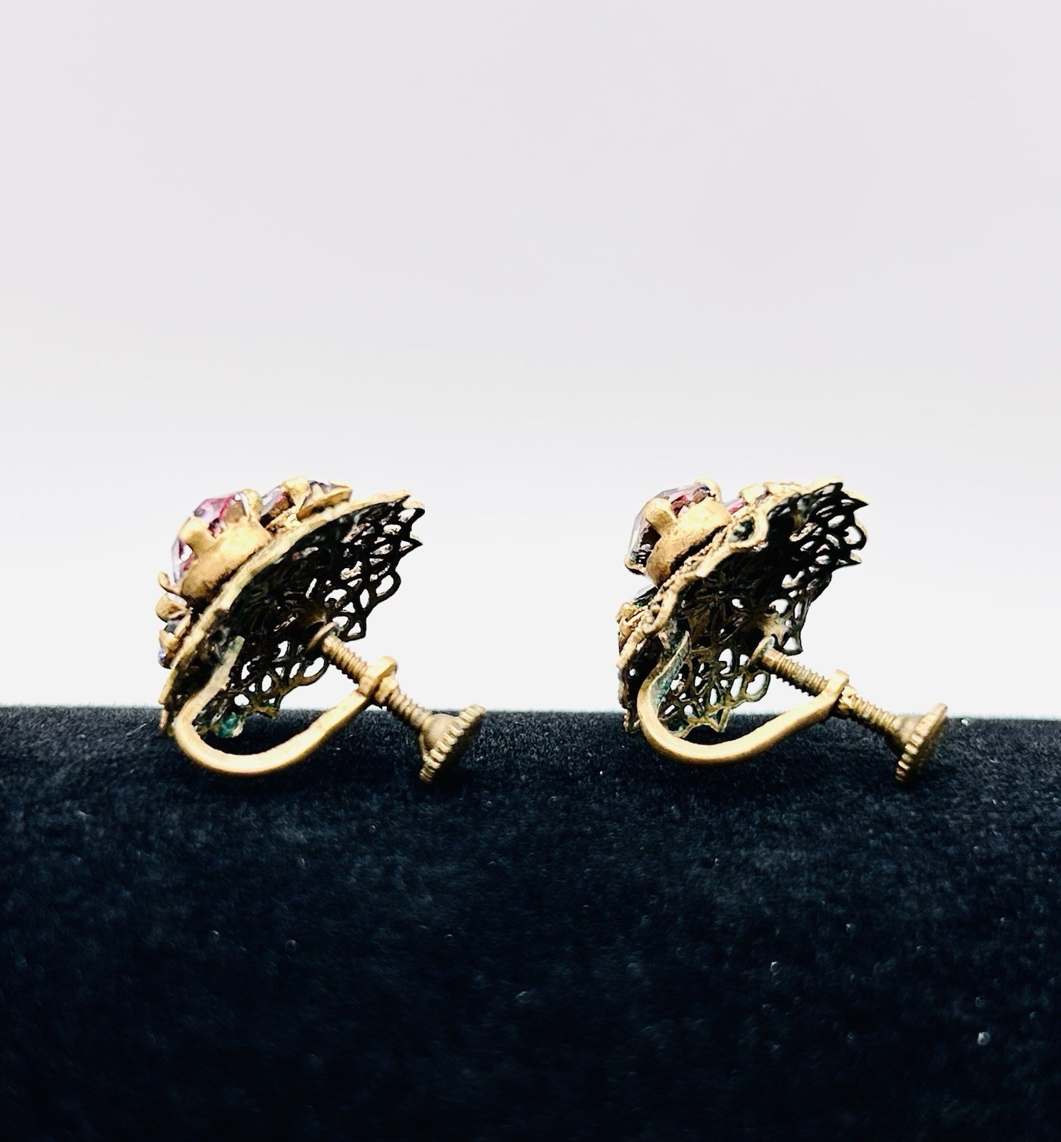 Vtg CZECH Screw-back Cluster EARRINGS and BRACELET SET-Gold Tone-RHINESTONE