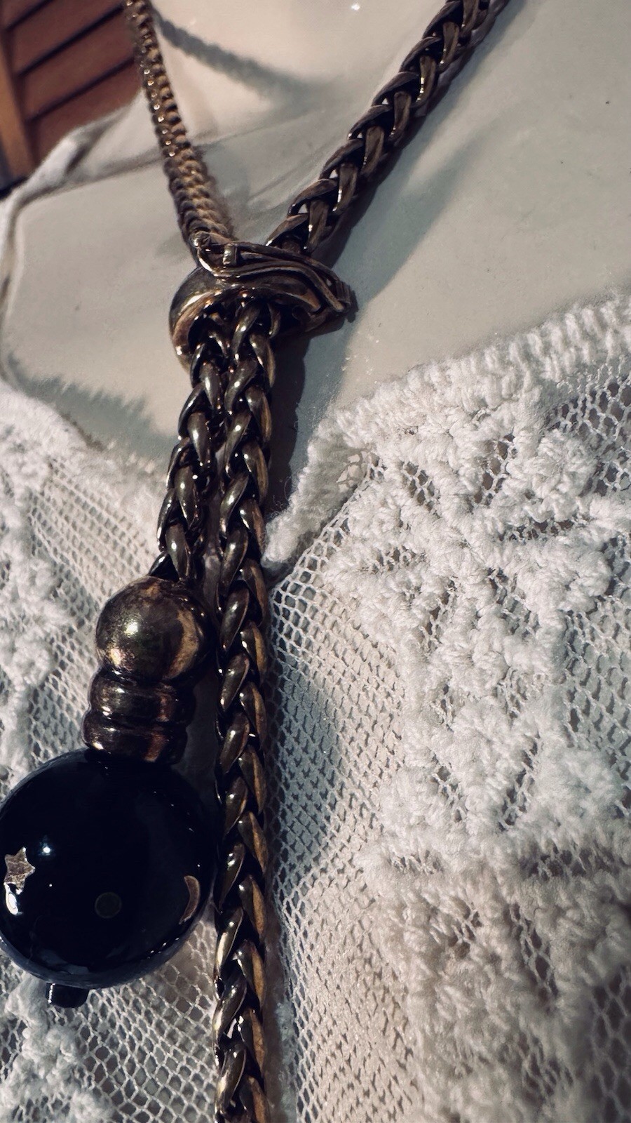 Vintage TALY 925 STERLING 78g Italy BOLO Wheat Chain Necklace Bijoux?Onyx Balls