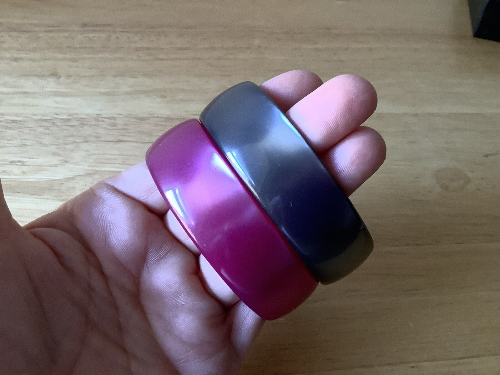 Vintage Moonglow Bangle Bracelets 2 Purple Grey Thermoset Glows Low Profile