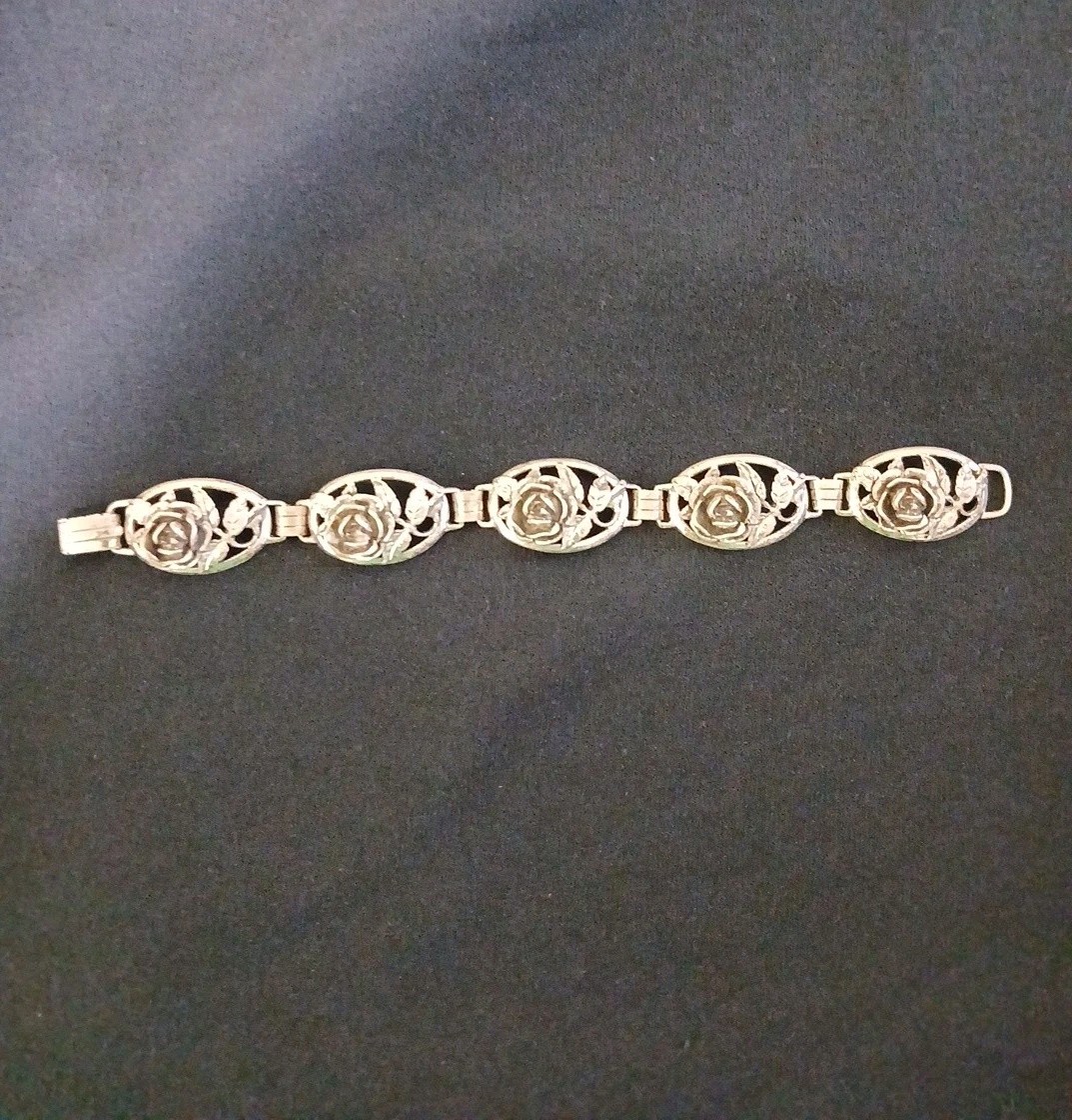 DANECRAFT Vintage Sterling Silver Floral Rose and Leaf Oval Link Bracelet RARE *