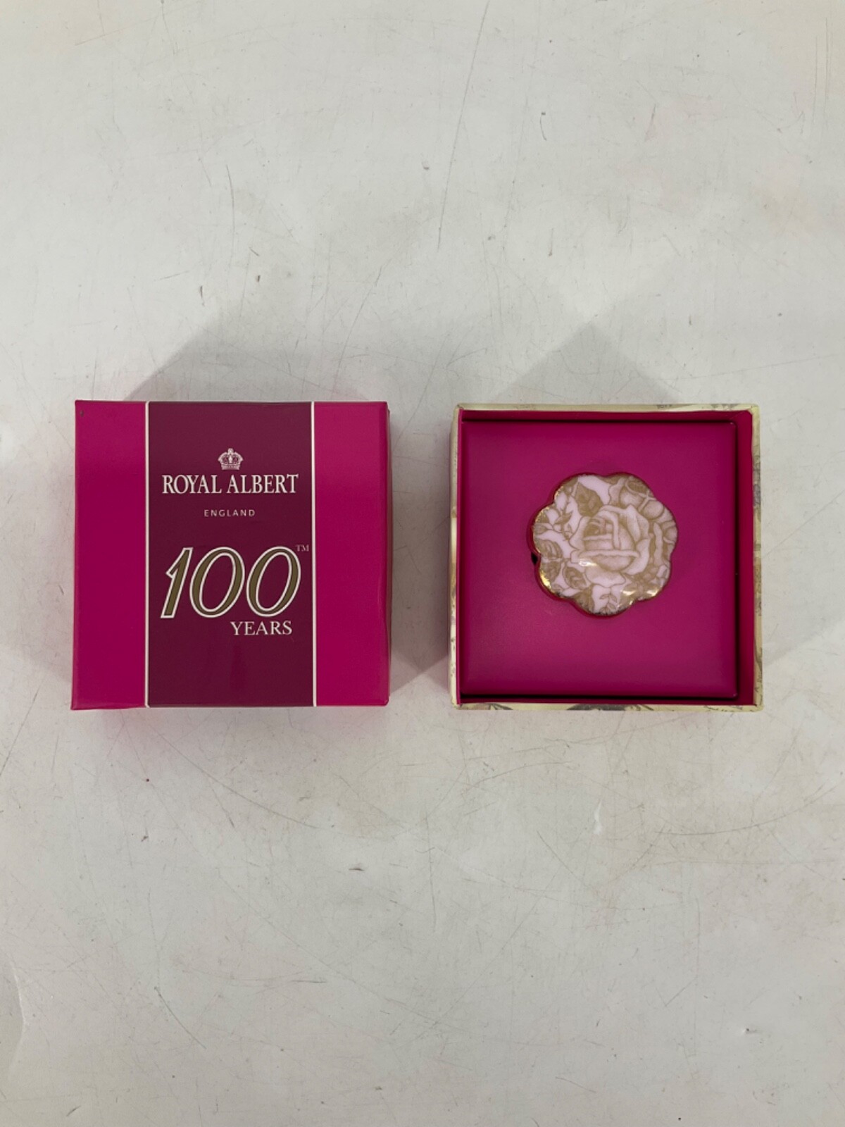 RARE Royal Albert 100 Years Anniversary Brooch Golden Roses Porcelain NEW IN BOX
