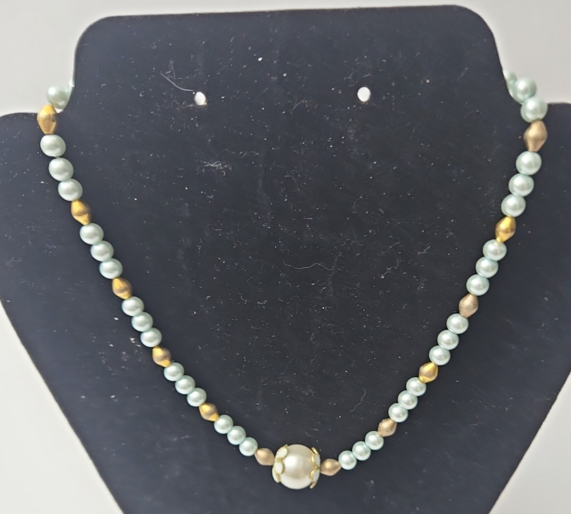 Vintage Necklace Light Blue Faux Pearl Beads Gold Tone Metal Beads Large Pearl