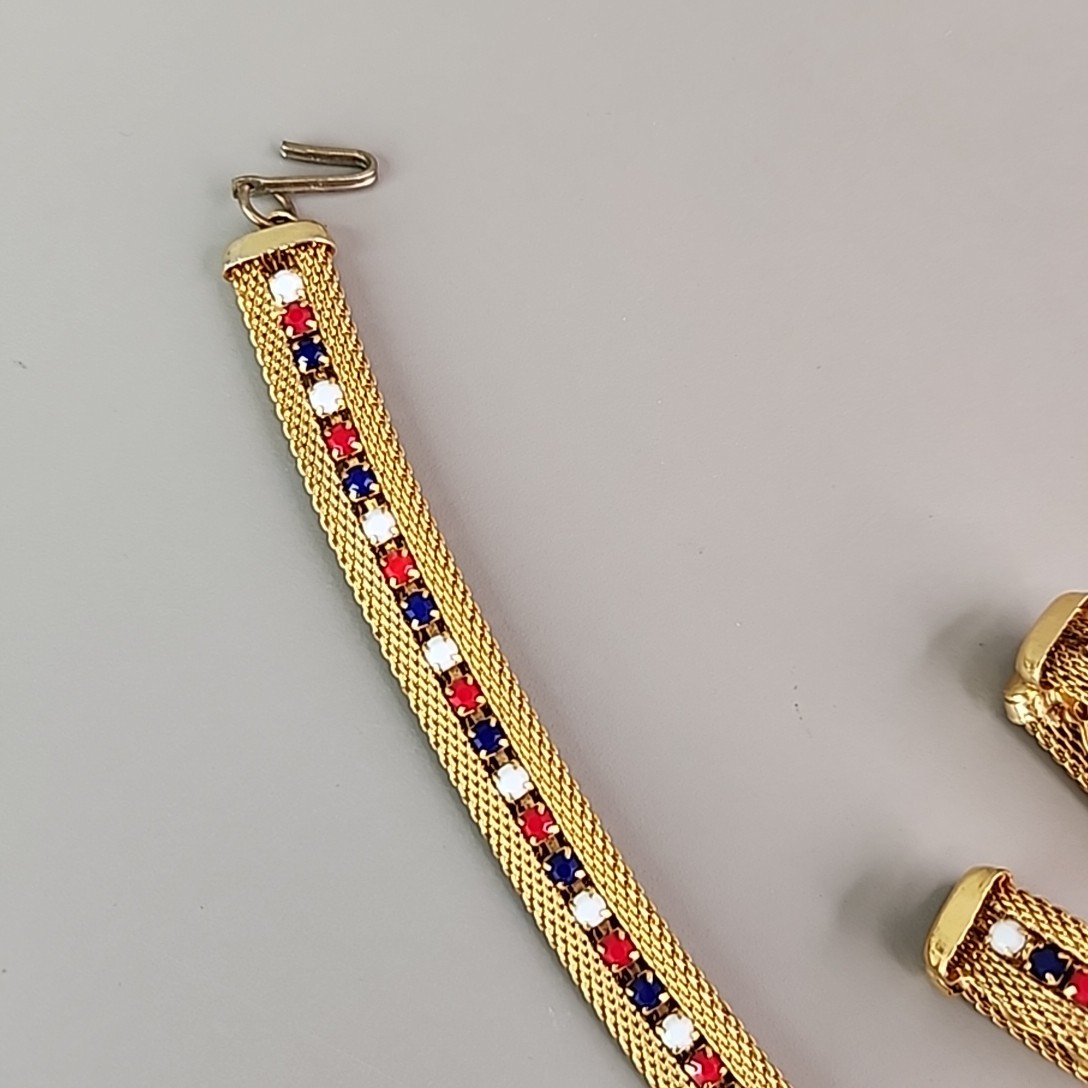Mesh Necklace Huggie Clip Earrings Set Red White Blue Rhinestones Gold Tone 16″