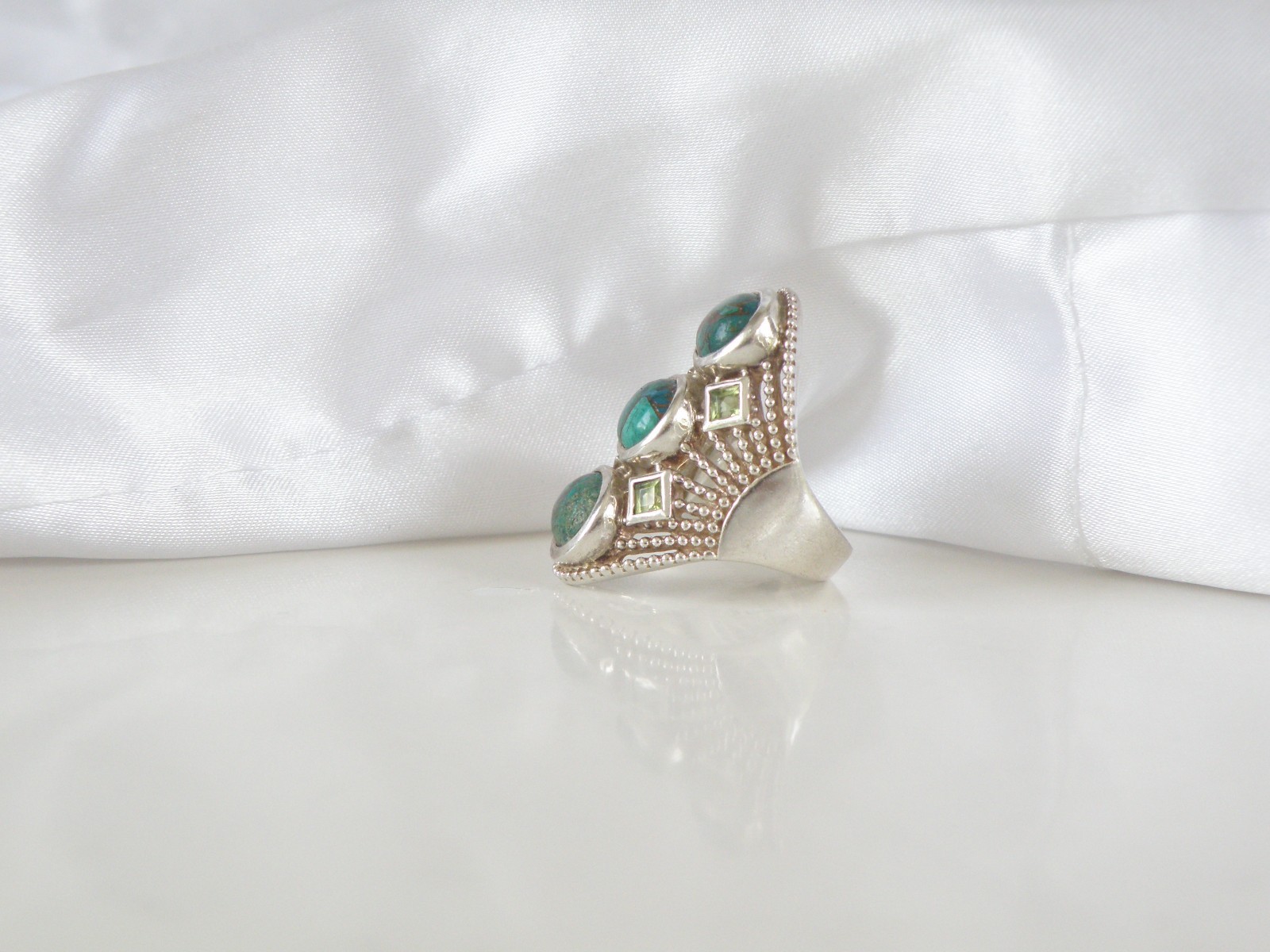 Sterling Silver 925 Large Chrysocola and Peridot Multi Stone Statement Ring 7