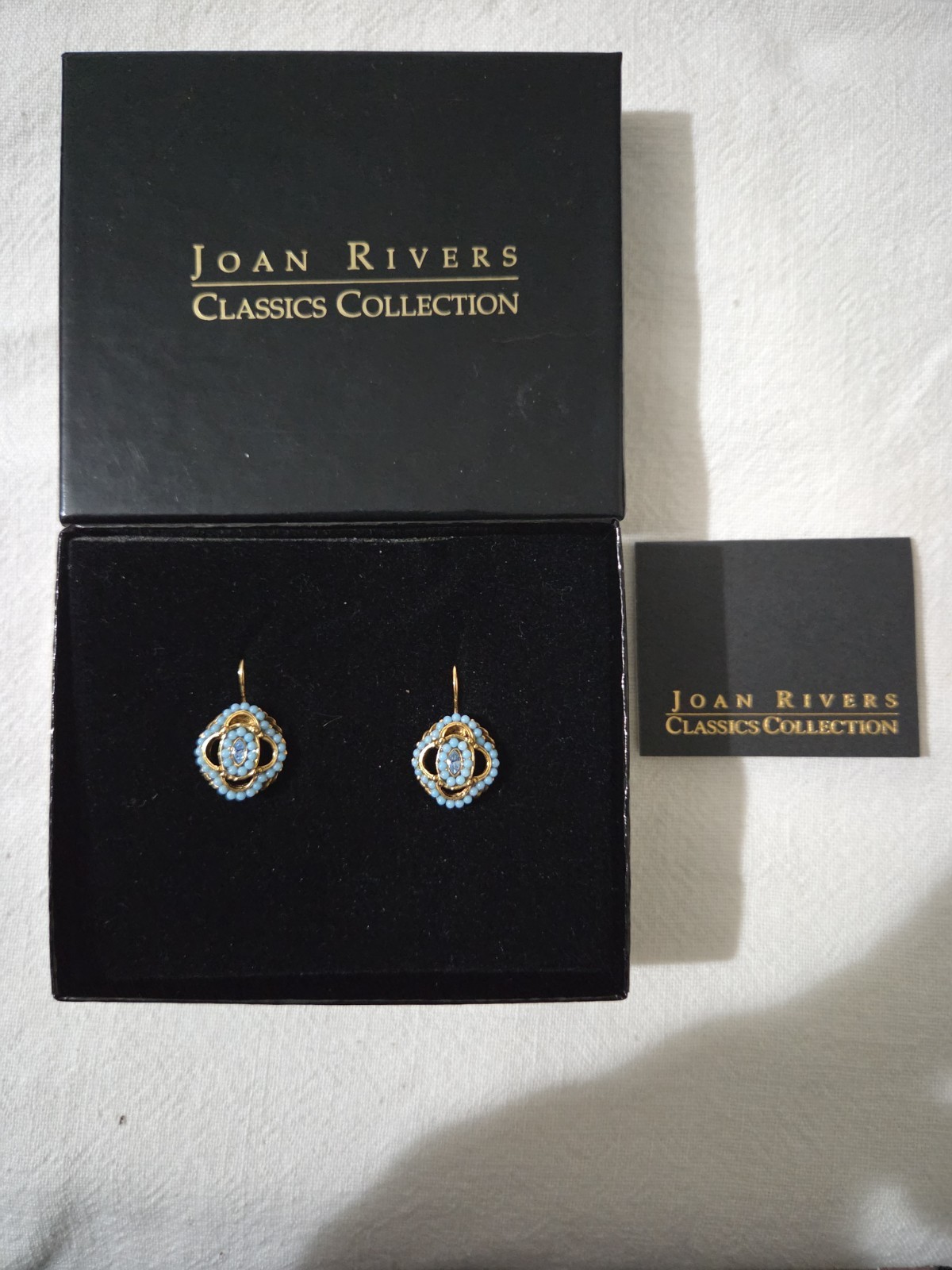 Joan Rivers Classics Collection Leverback Earrings Gold-Tone Blue Rhinestone VTG