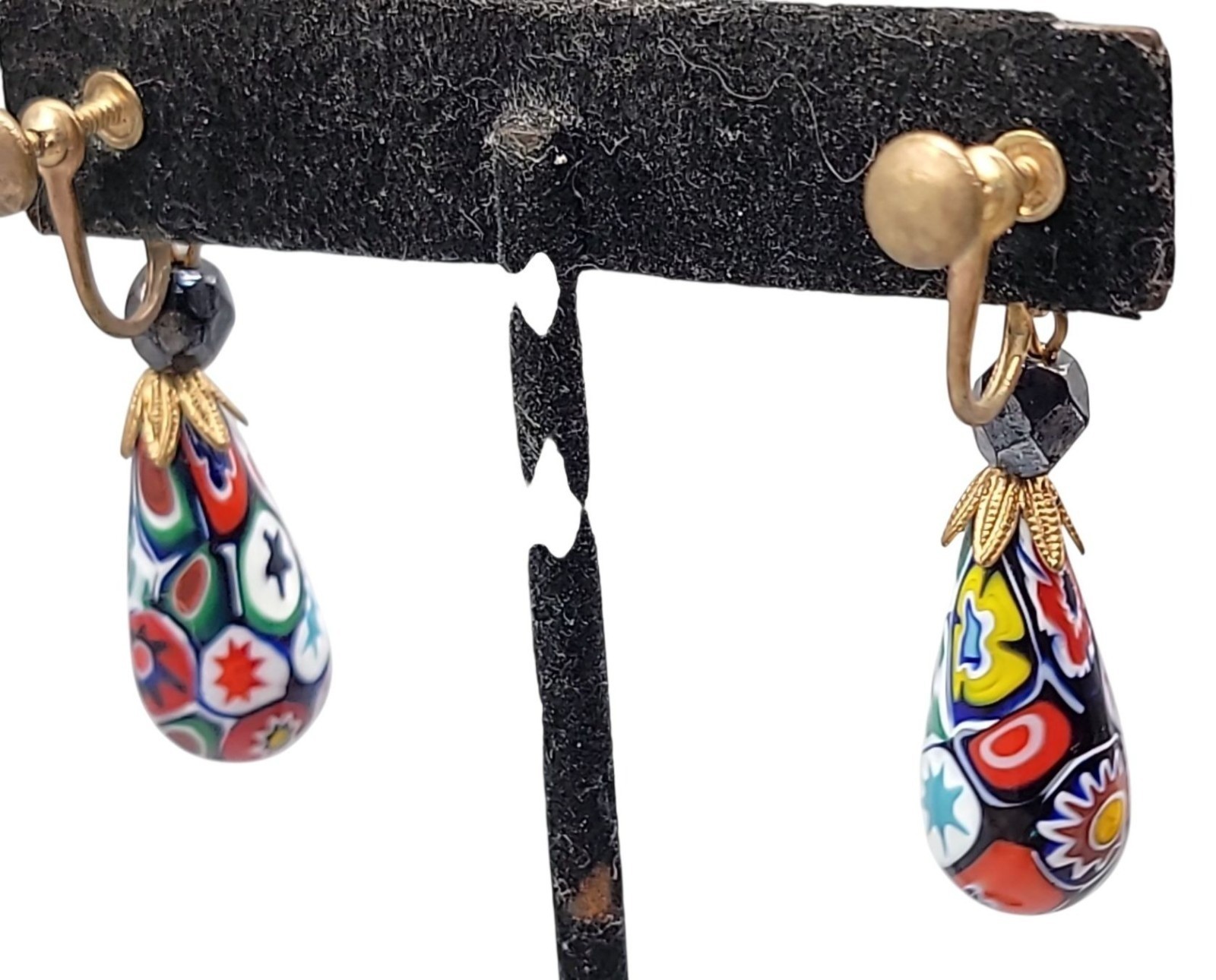Venetian Millefiori Dangling Screwback Earrings Gold Teardrop Art Glass Vtg