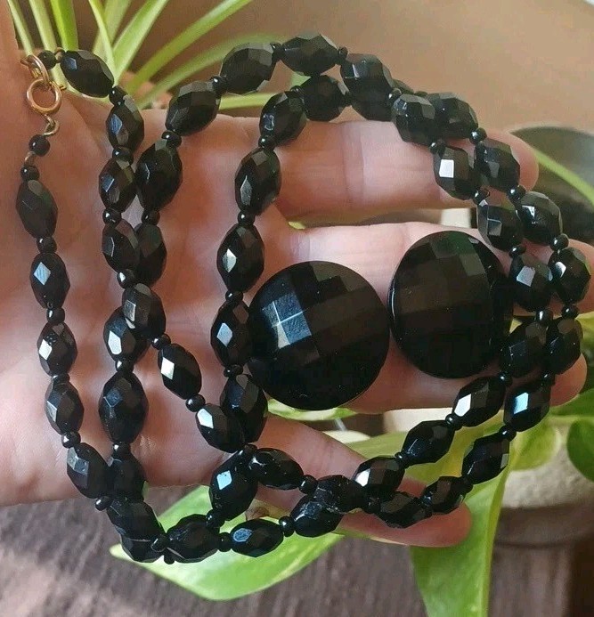 Vtg 50’s Black Glass W Germany Earrings Faceted Bead Graduated Necklace Set