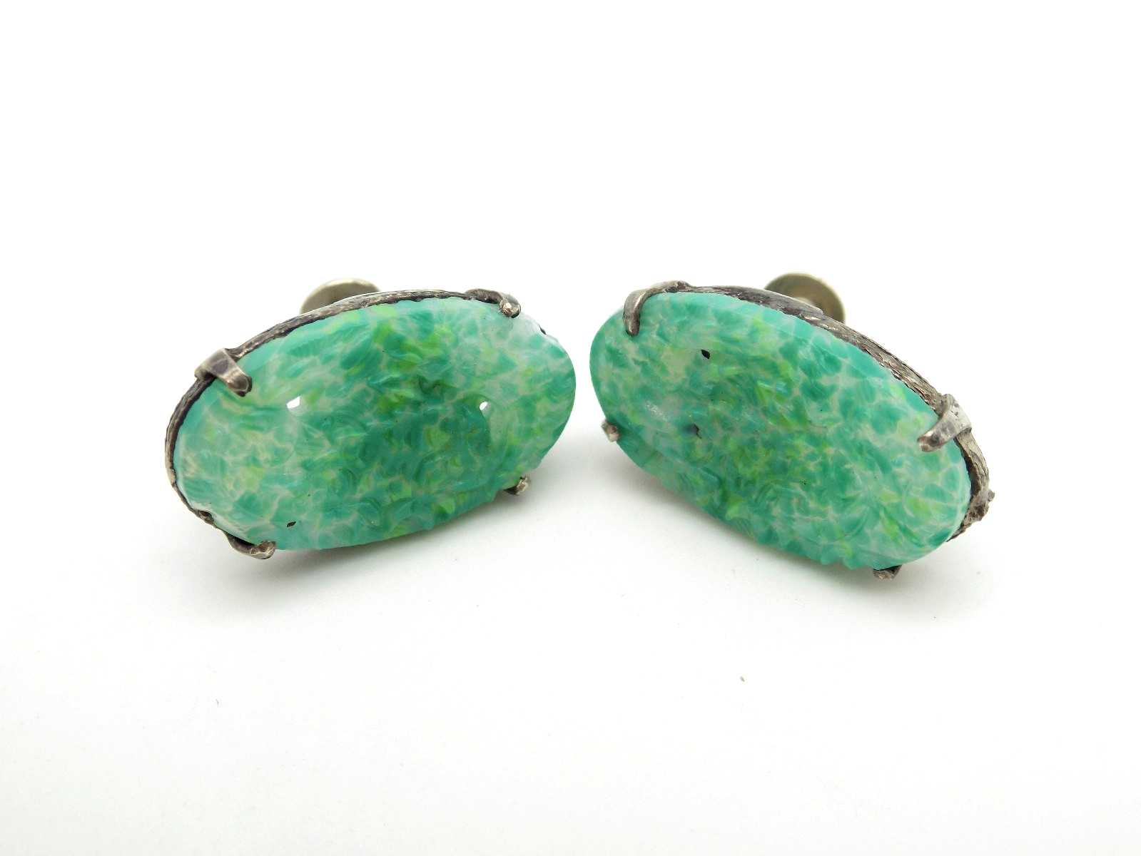 Vintage Art Deco Faux Jade Molded Glass Screwback Earrings Peking Dragon